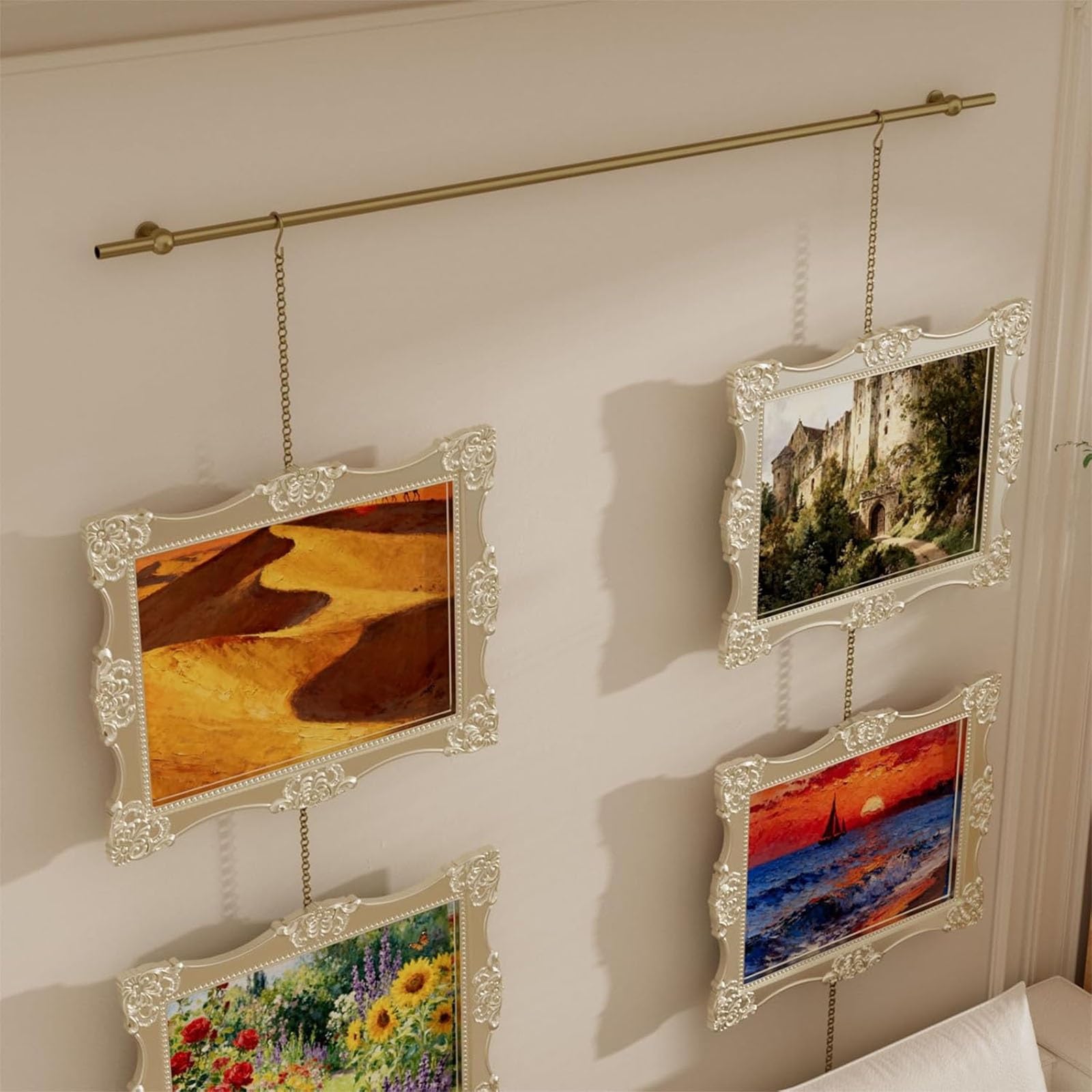 Zhoudong One Color Brass Gallery Rail, Picture Rail Hanging System, Indoor Art Display Track, Adjustable Hanging Photo Display Rod, For Living Room Wall Decor(140Cm)