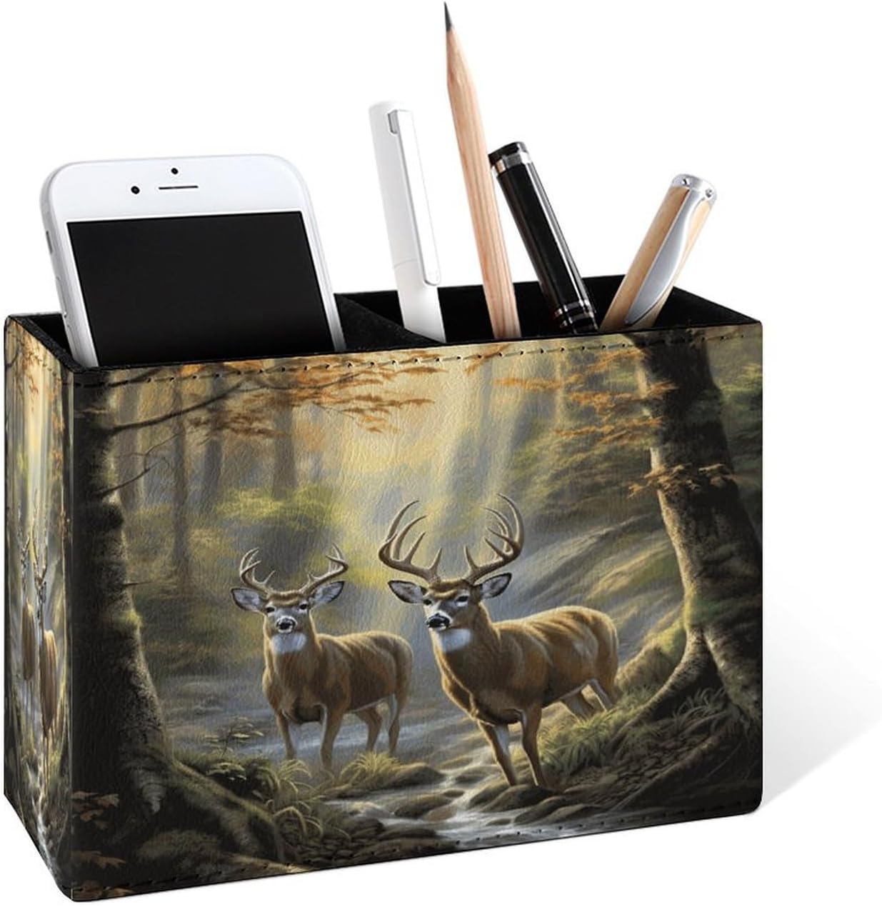 Famame Soporte para lápices de dos ciervos y río de otoño para escritorio, contenedor de escritorio de cuero, para guardar bolígrafos, mesa de