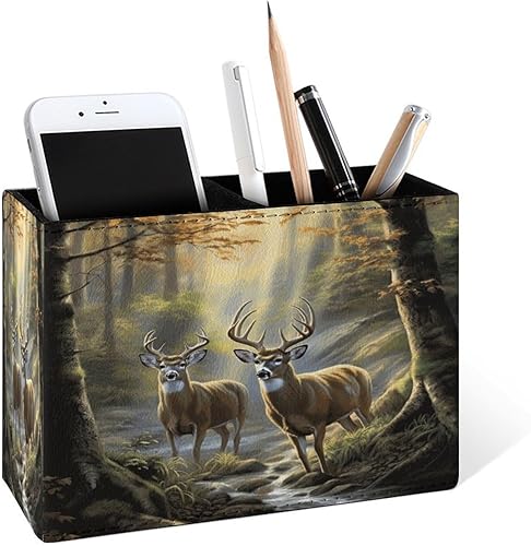 Famame Soporte para lápices de dos ciervos y río de otoño para escritorio, contenedor de escritorio de cuero, para guardar bolígrafos, mesa de