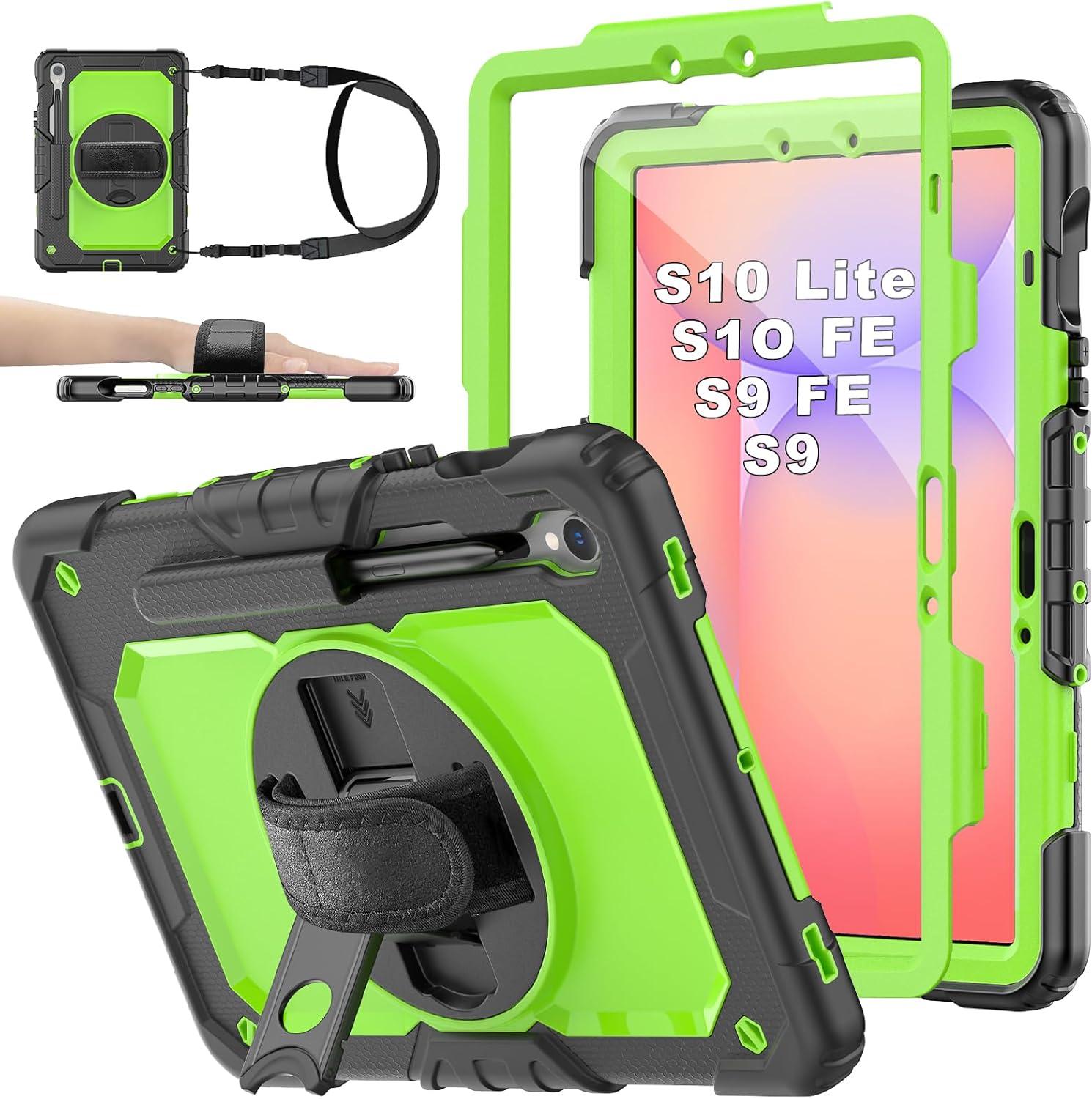 Case for Samsung Galaxy Tab S10 Lite/ S10 FE/ S9 FE 5G/ S9 Tablet Case 10.9"/11", Shockproof Protective Cover with Screen Protector, Pencil Holder, 360° Rotating Stand and Hand Strap, Green