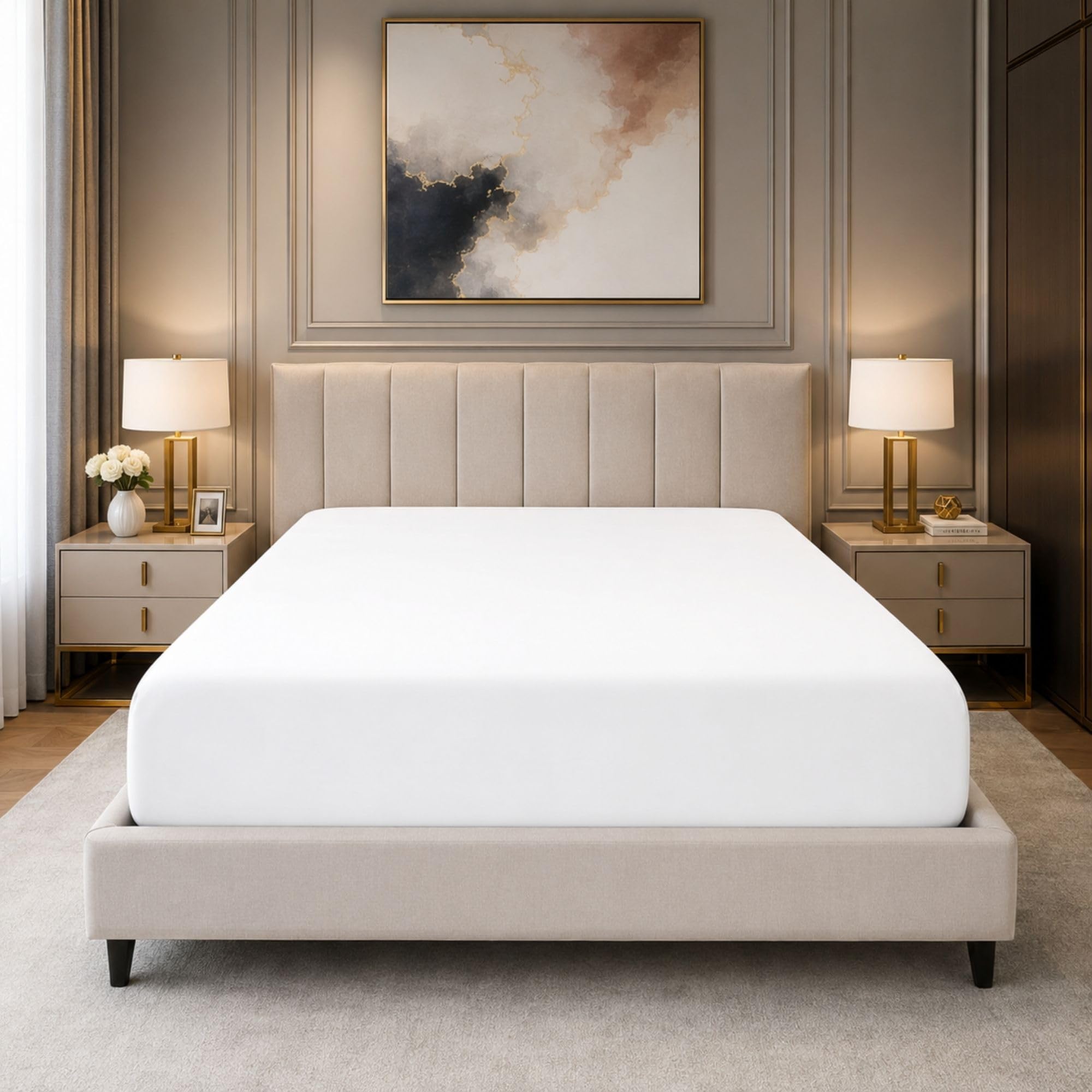 Bloombedding White 100% Egyptian Cotton Single Sheet, 40Cm Fitted Sheets, 400 Thread Count Bed Sheet, Extra Deep Pocket, Soft Breathable Bedding, Elasticated Fit