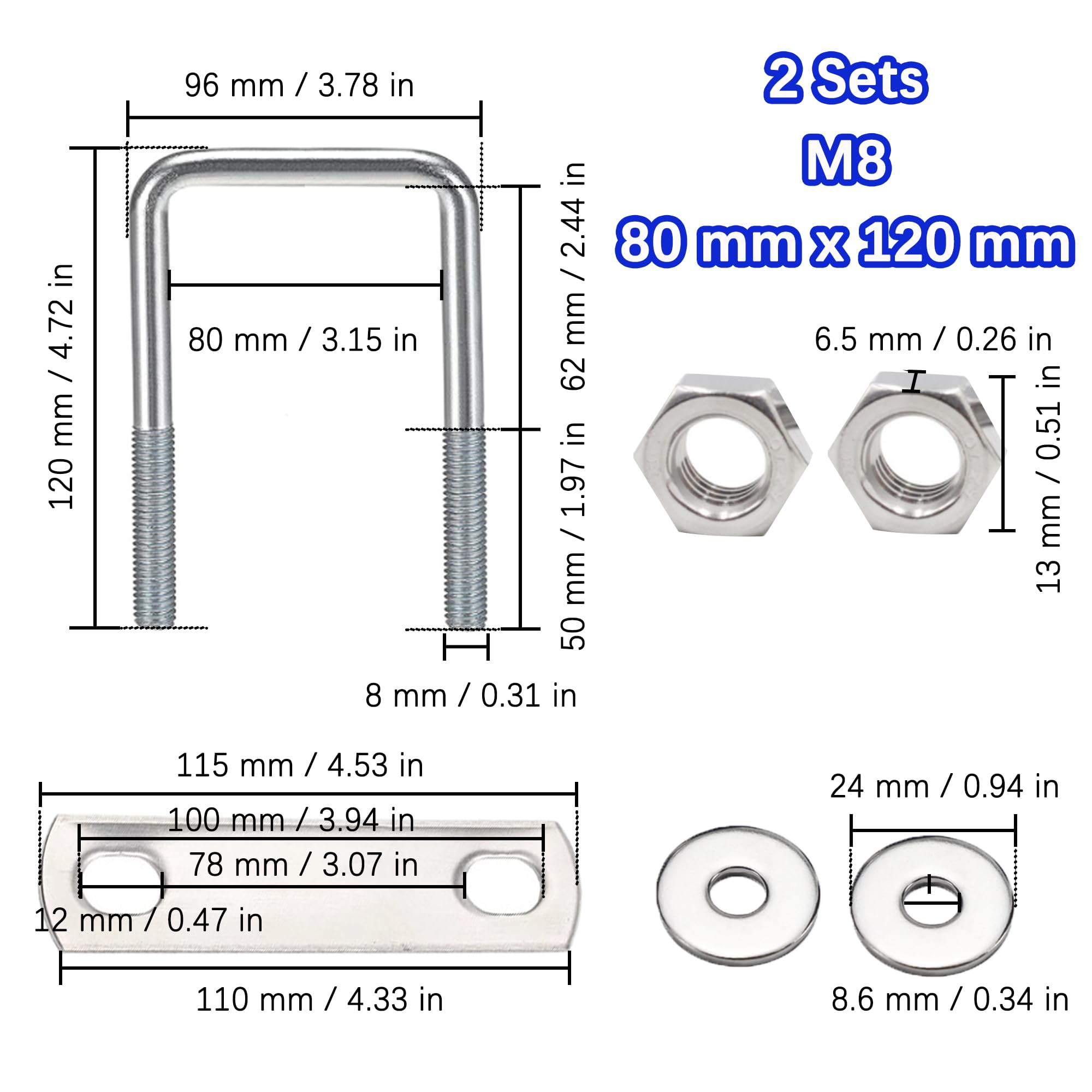 duoyif U-Screws Square M8 80 mm x 120 mm U-Bolt Square, Inner Diameter 80 mm - Image 2