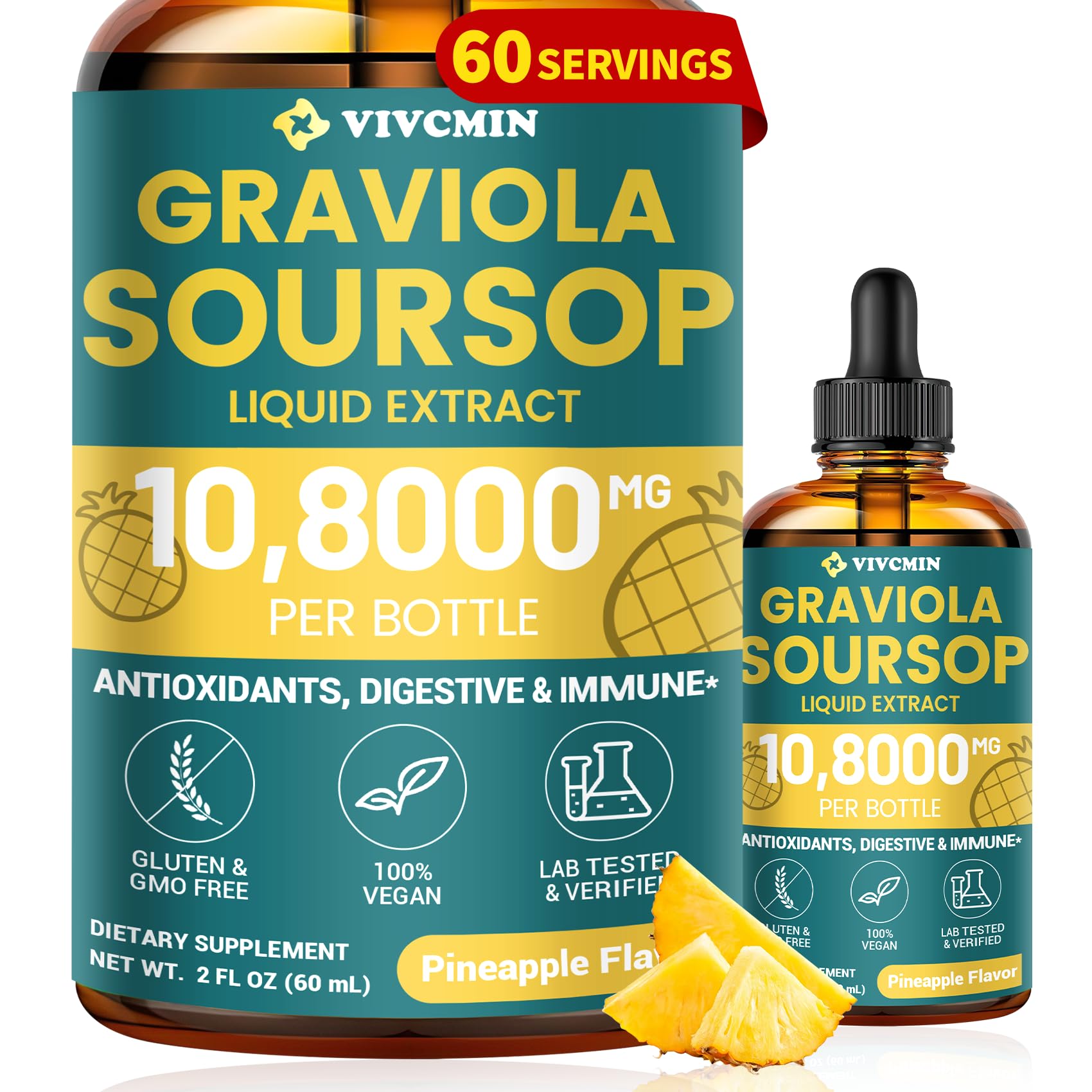 Graviola Soursop Leaf Extract Liquid - Soursop Bitters Liquid, Support Immune, Relax, Liver and Sleep, Sugar & Alcohol-Free, Highly Absorbable Formula, Pineapple Flavor, 2 Fl Oz