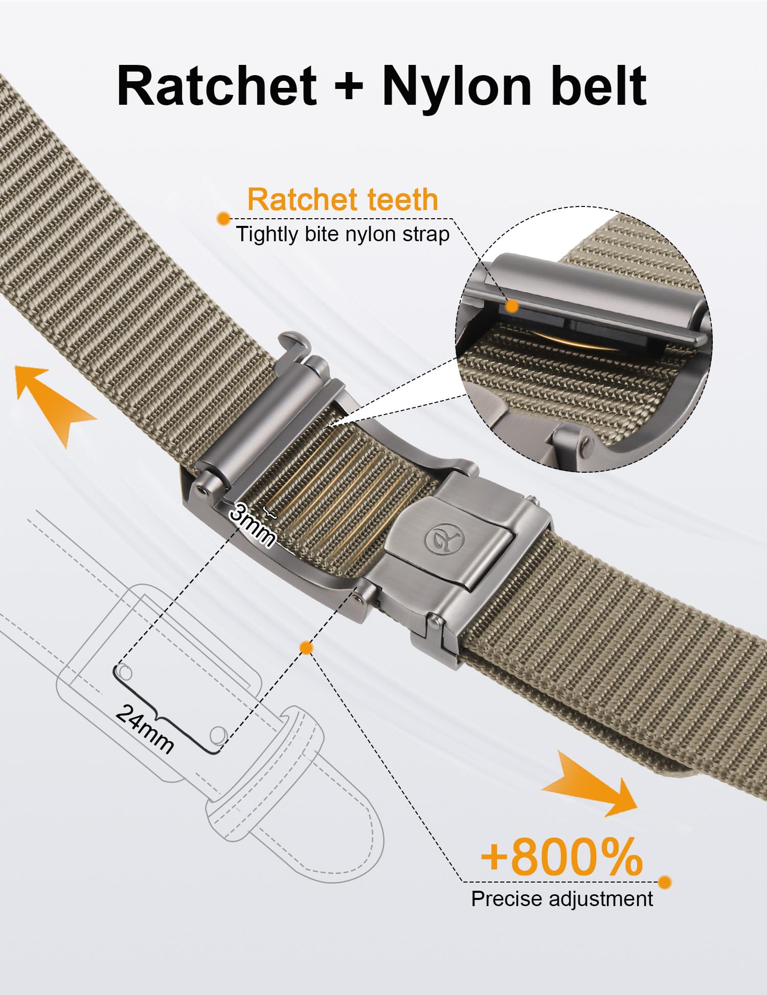 JUKMO Ratchet Belt for Men, Nylon Web Tactical Belt with Automatic Slide Buckle, Adjustable Trim to Fit (Khaki, For Waist 20