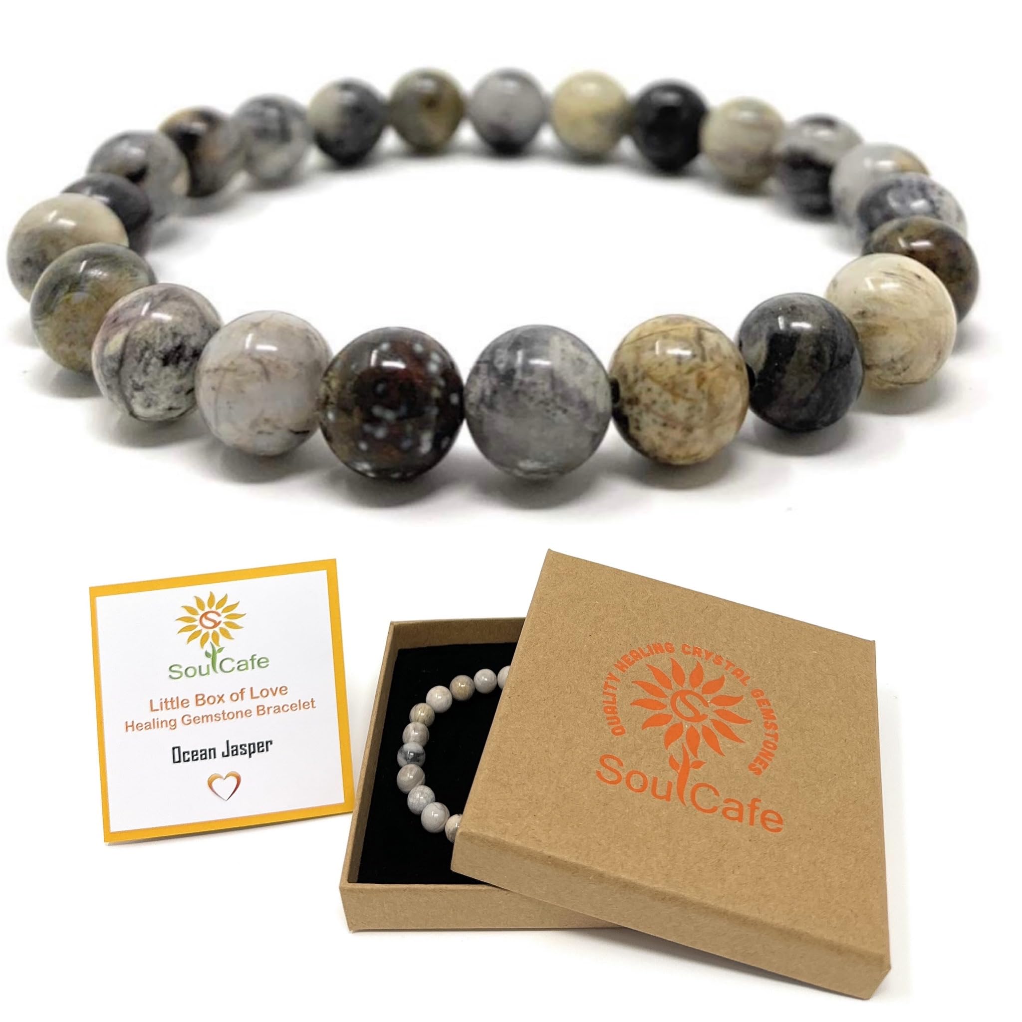 Ocean Jasper stretch Power Bead Crystal Bracelet - Crystal Gemstone Bracelet - Soul Cafe Gift Box & Information Tag