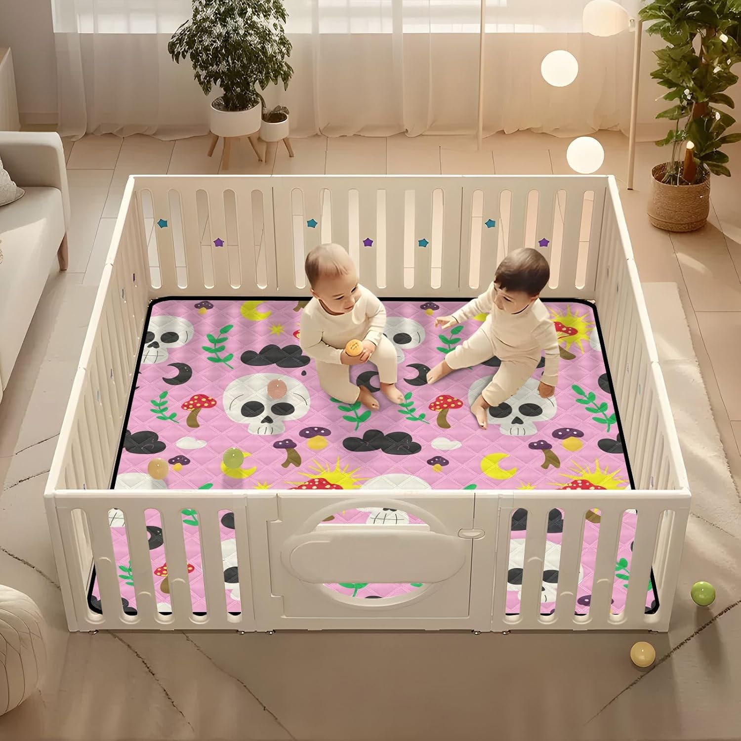 Graffiti Skulls and Mushrooms Baby Play Mat, 50“ X 50” Washable Folding Crawling Mat, Baby Floor Mat, Soft, Non-Slip
