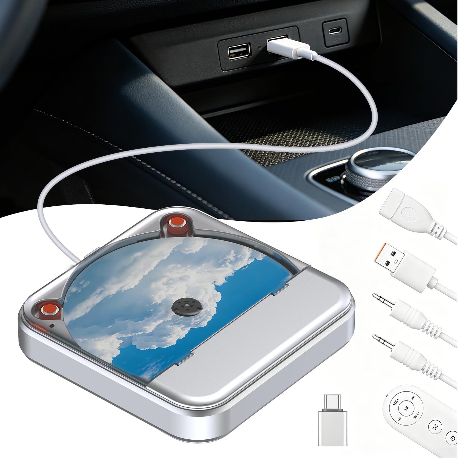 CD Player für Auto mit USB, CENXINY CD Laufwerk Externes mit AUX, Universal CD Player für Auto mit USB-Typ-C-Adapter, inklusive 1.5M USB-Verlängerungskabel,1 m AUX-Kabel,kompatibel mit Autoradio