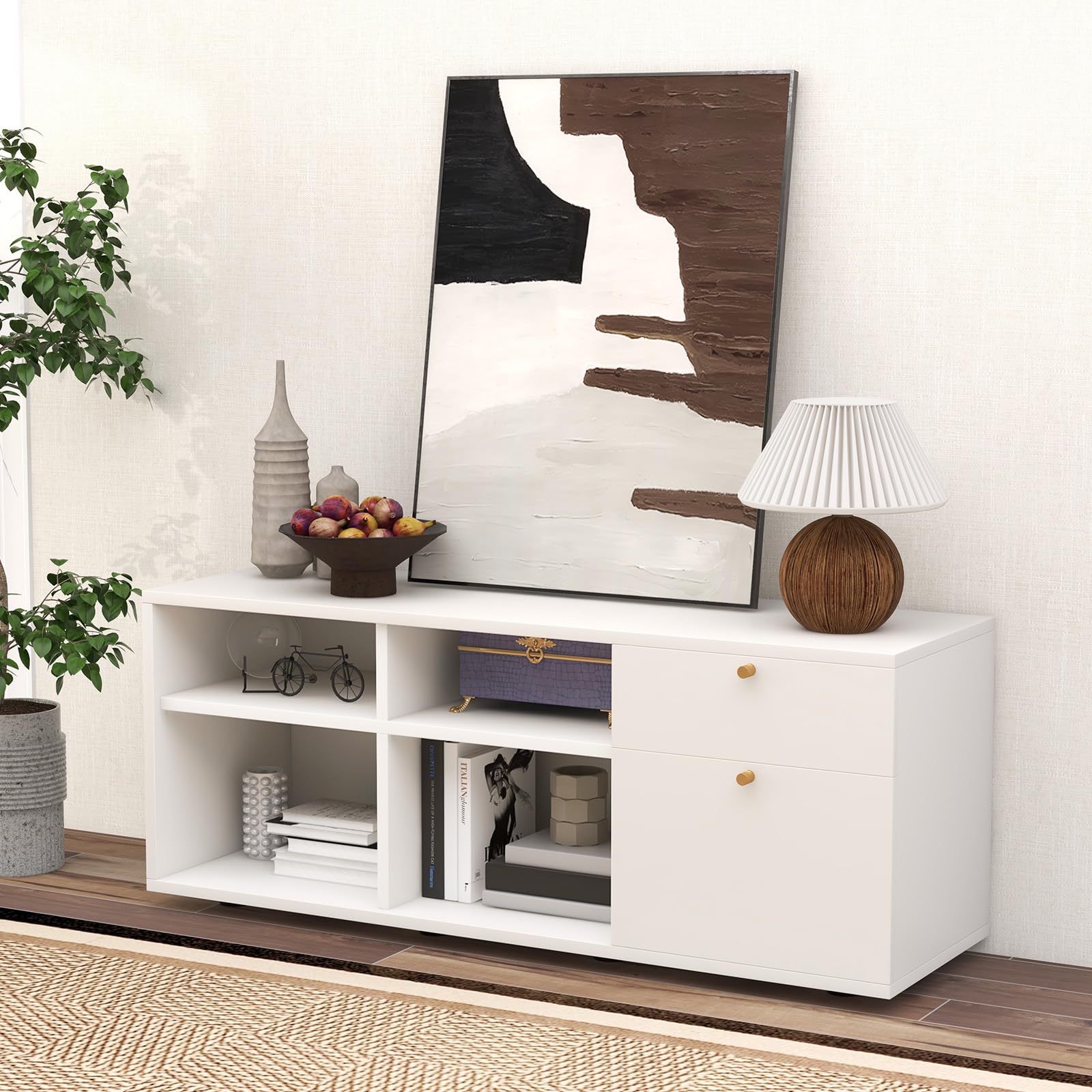 KOMFOTTEU - Armadietto con 4 cubi semi-aperti e 2 cassetti, armadio multifunzionale con piedini regolabili, mobile laterale in legno, 108 x 39 x 50 cm, Bianco