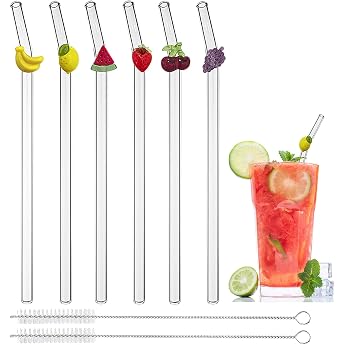 Fruit Glass Straws 6 Reusable Curved Straws | Borosilicate Glass, 20 cm x 8 mm, 2 Cleaning Brushes Included, Colourful Fruit 
