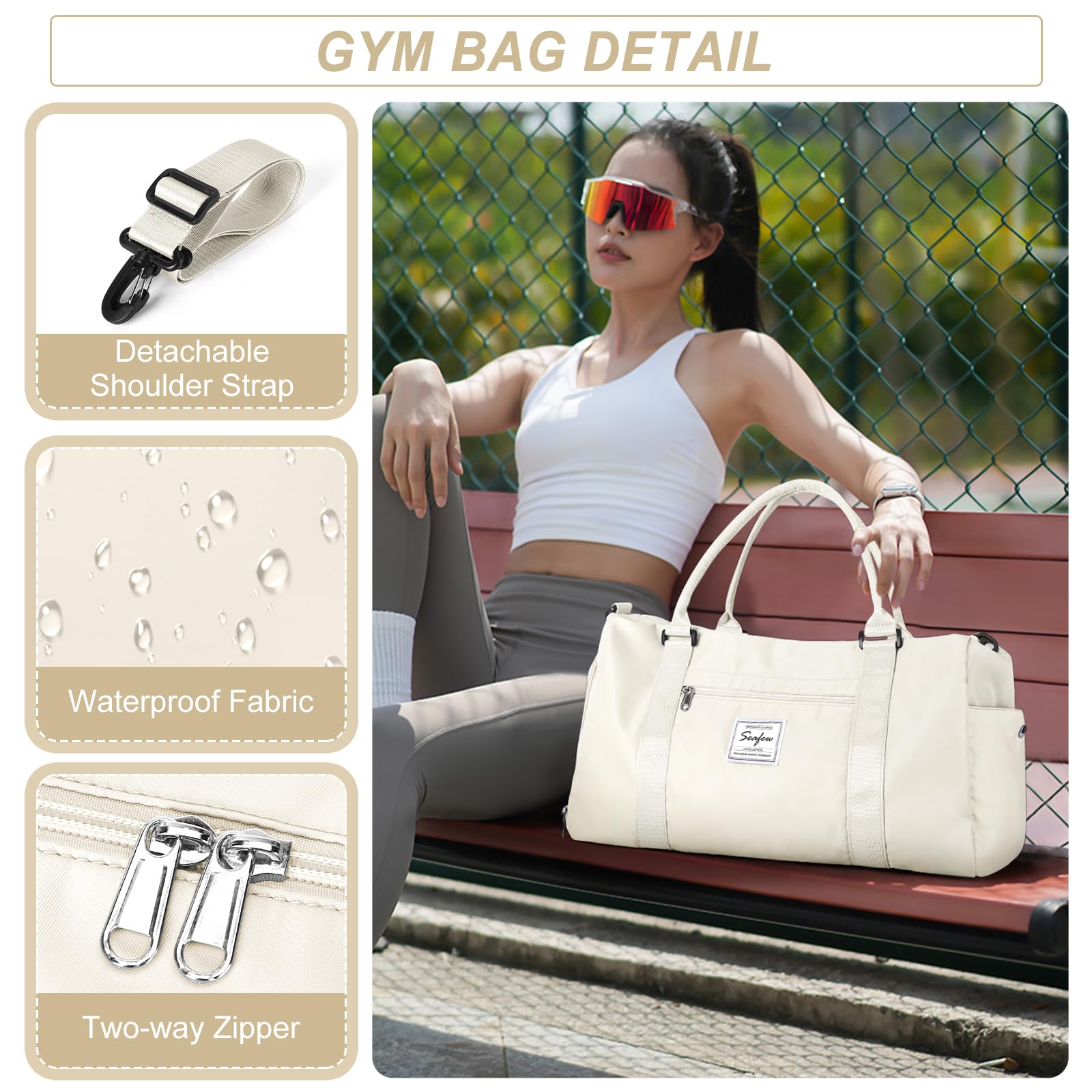 HYC00 Gym Bag Women Men with Shoes Compartment & Wet Pocket,for Easyjet Airlines Cabin Bag 45x36x20 Underseat Travel Duffel Bag Holdall Tote Carry on Luggage Overnight Bag Carry on Bag,Milky White - Image 4