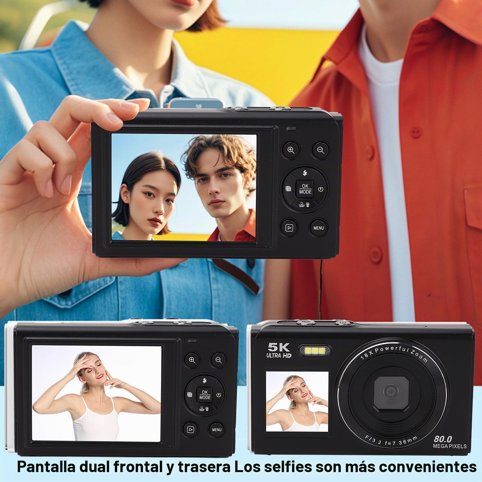 BuyWeek Cámara Digital Fotográfica 5K 80MP con WiFi, Zoom Digital 18X Autoenfoque Cámara HD Vlogging con Pantalla Dual de 2,8 Pulgadas y 1,5 Pulgadas, Flash Integrado, con Tarjeta de (Negra)