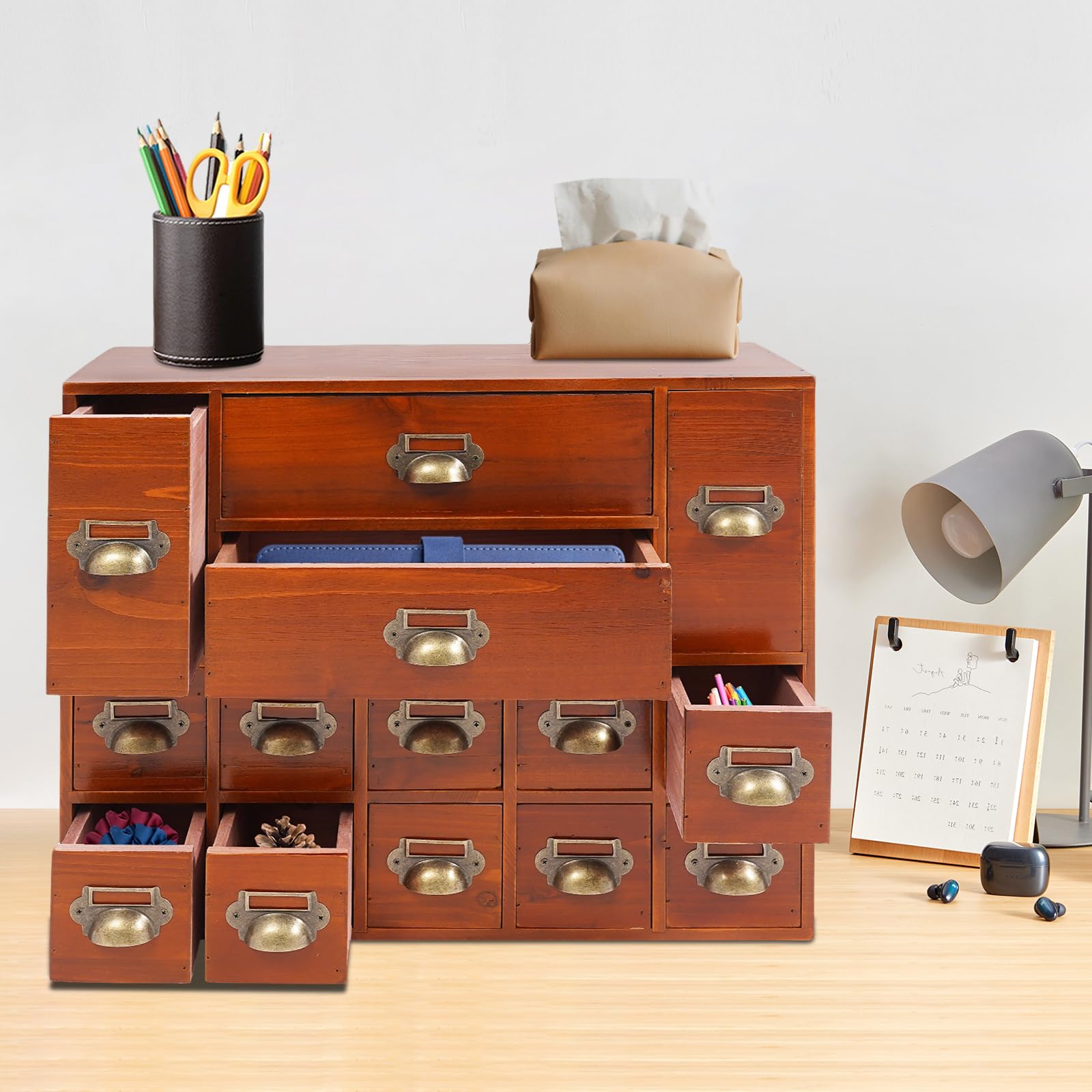 Retro Schubladenbox aus Holz mit 14 Schubladen, Vintage Aufbewahrungskasten für Schreibtisch, Organizer für Büro, Schmuck & Medikamente (53x16x42,4cm)