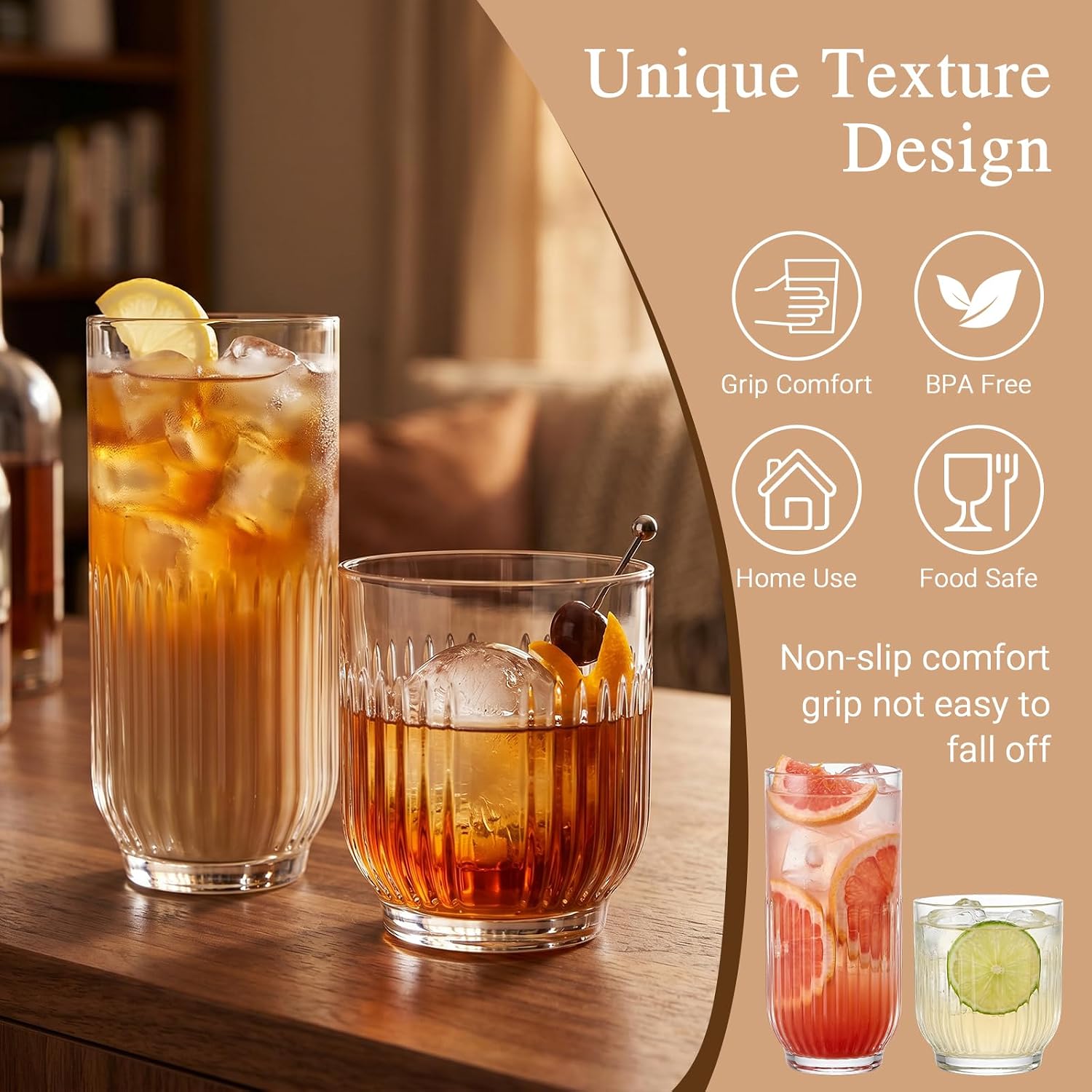 Ribbed Drinking Glasses Set of 8 glass cups set 4 Highball Glasses 13oz & 4 Rocks Drinking Glasses 9oz, Vintage Ribbed Tumbler Glasses for Water, Cocktail, Whiskey,Juice Beer Cocktails