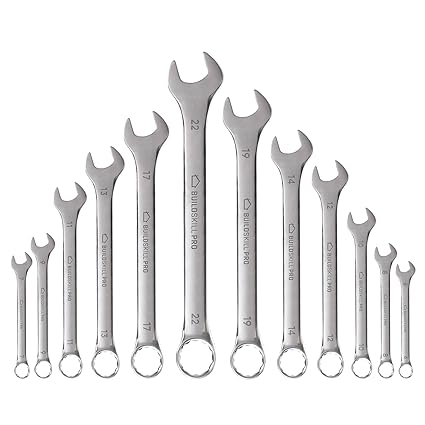 BUILDSKILL Pro BES12COM Combination Wrench/Spanner Set, Chrome Vanadium Steel, Mirror Chrome Finish, Rust Resistant, Long Pattern Design with Storage Rack, Sizes 6-14mm, 17mm,19mm, 22mm(Pack of 12)