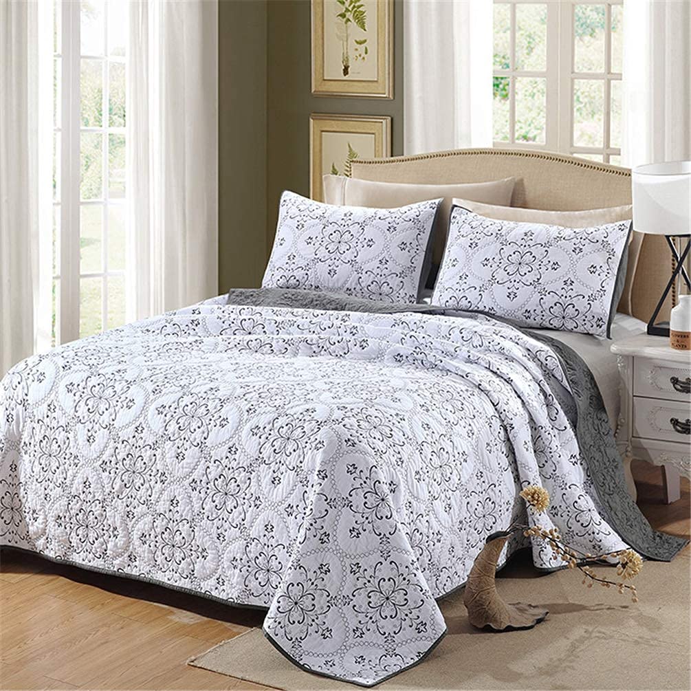 Parure de lit matelassée coton couvre-lit brodé floral gris blanc 3 pièces 224x234