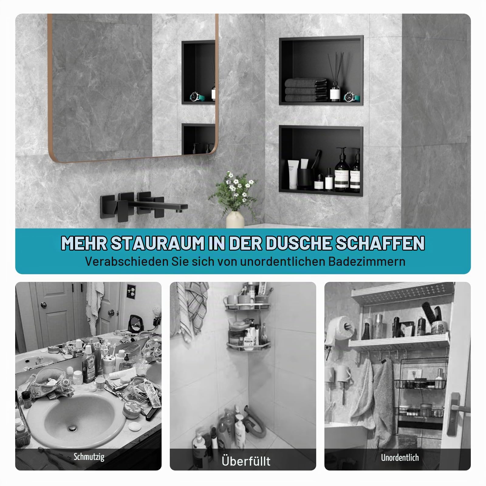 Duschnische Edelstahl 45x30x10 cm, Nano Graphite | Ohne Bohren · Für Badezimmer · Überputzmontage · Rostfrei · Einzelregal · Einfache Wandmontage