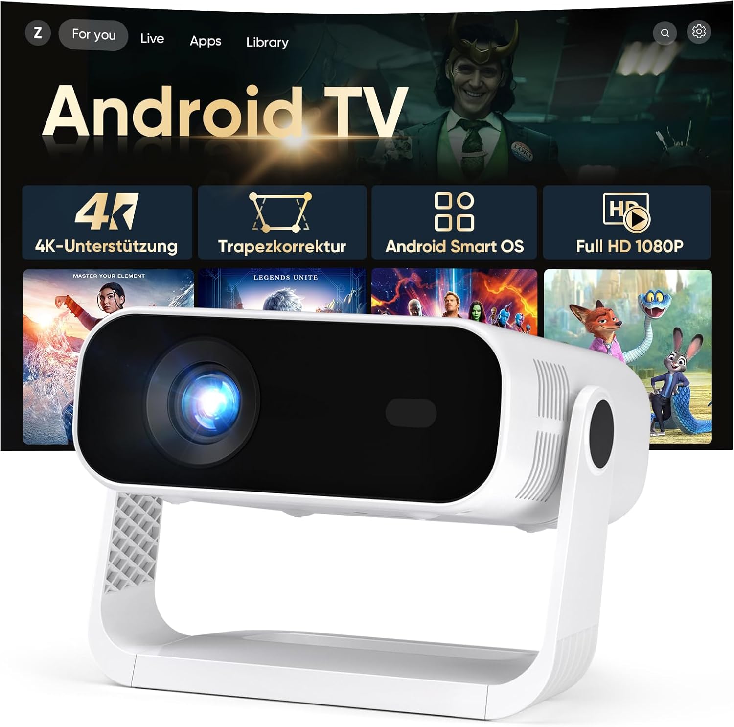 2026 Neuer Smart Mini Beamer Integrierte APP, Android 14, Full HD 1080P, unterstützt 4K-Decodierung, 20000 Lumens, Automatische Trapezkorrektur, WiFi6 & BT5.2 ,Beamer 4K Heimkino für Handy/HDMI/PC - Amazon product rated Grade B