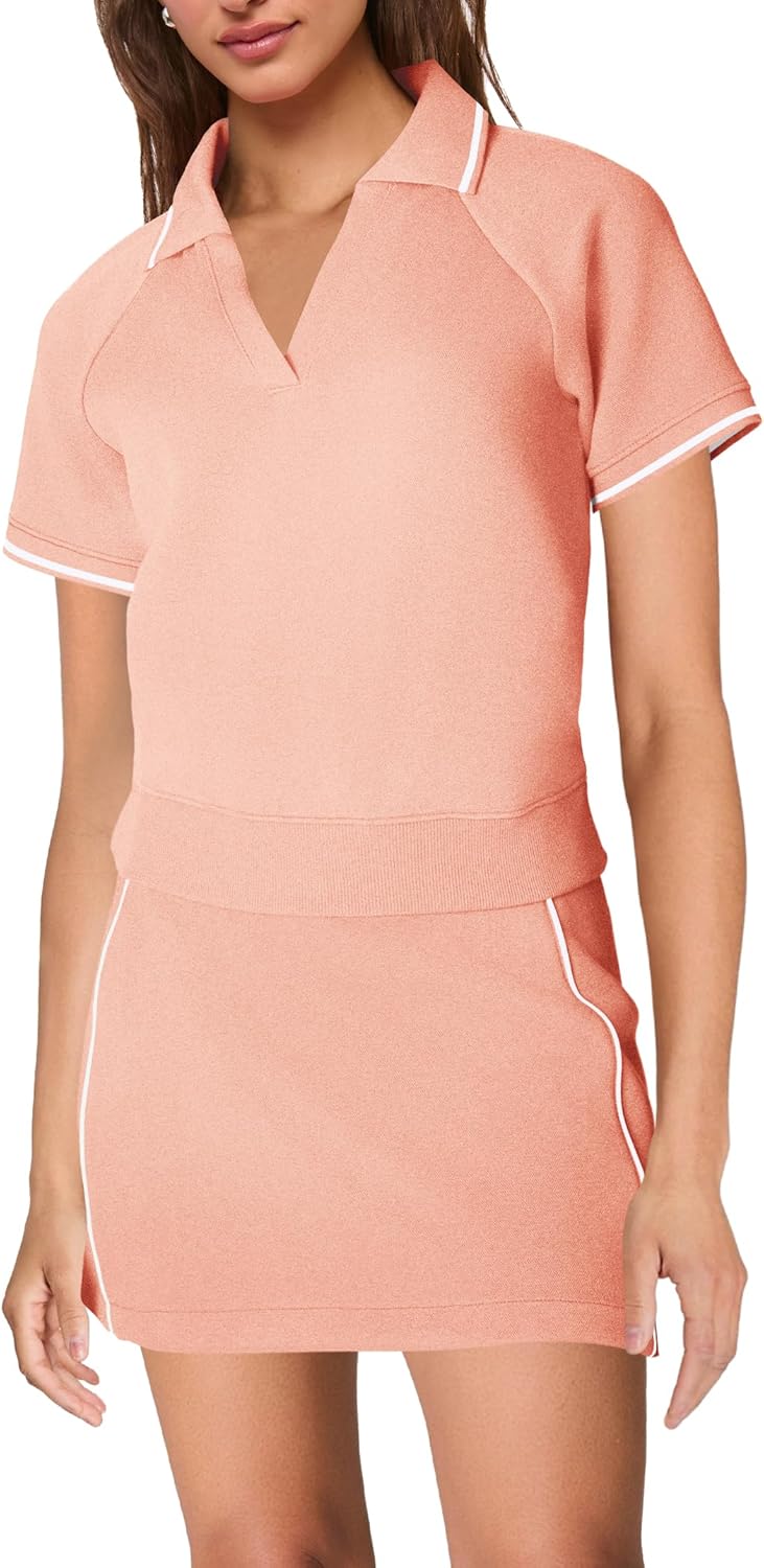 SENSERISE Womens Workout Sets 2 Piece Outfits V Neck Short Sleeve Polo Shirt and Tennis Skort Set with Pockets