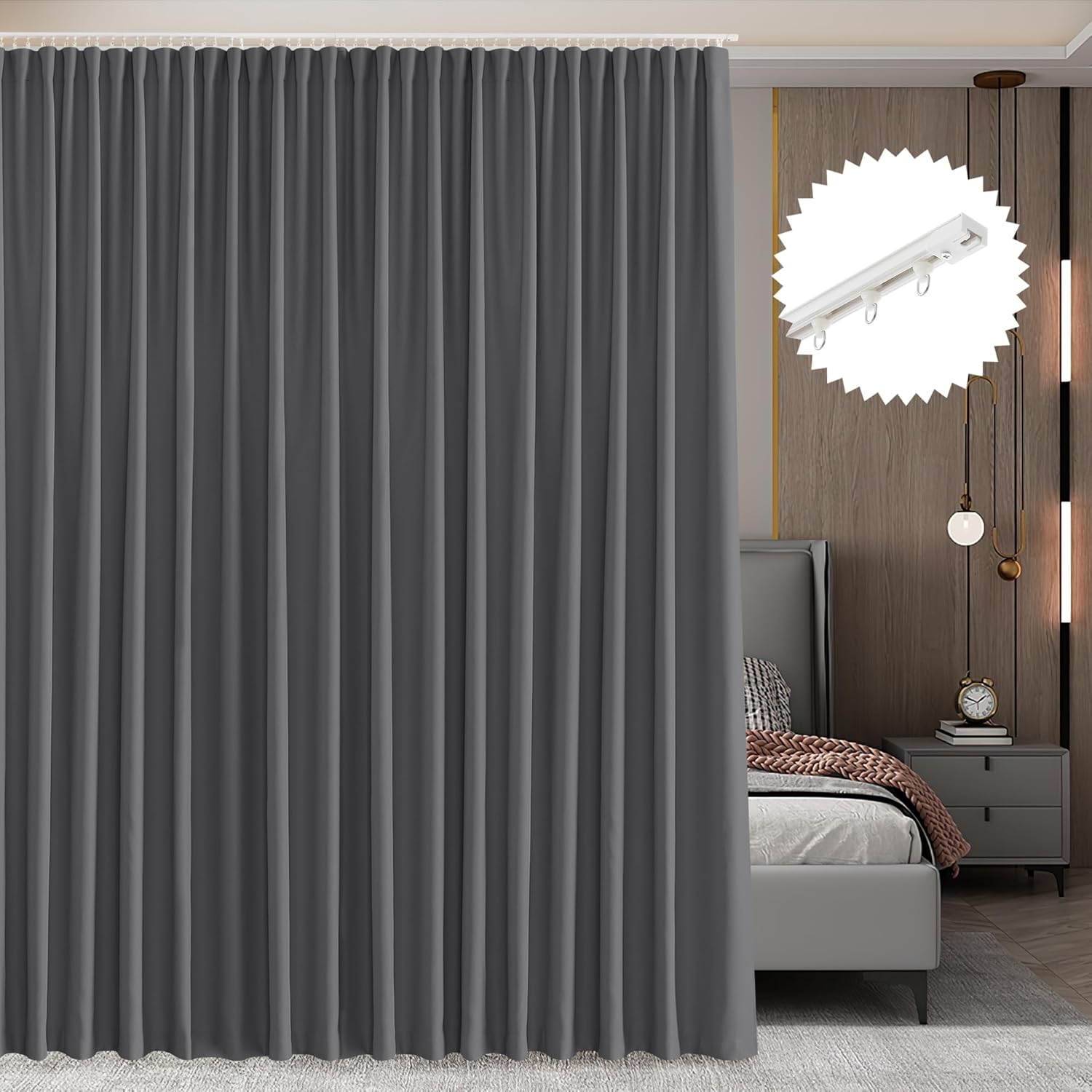 RYB HOME Room Divider Curtain Set with Ceiling Track, Privacy Blackout Thermal Insulated Curtains for Bedroom/Living Room/Basement/Patio/Sliding Glass Door, W100 x L84, Grey, 1 Panel