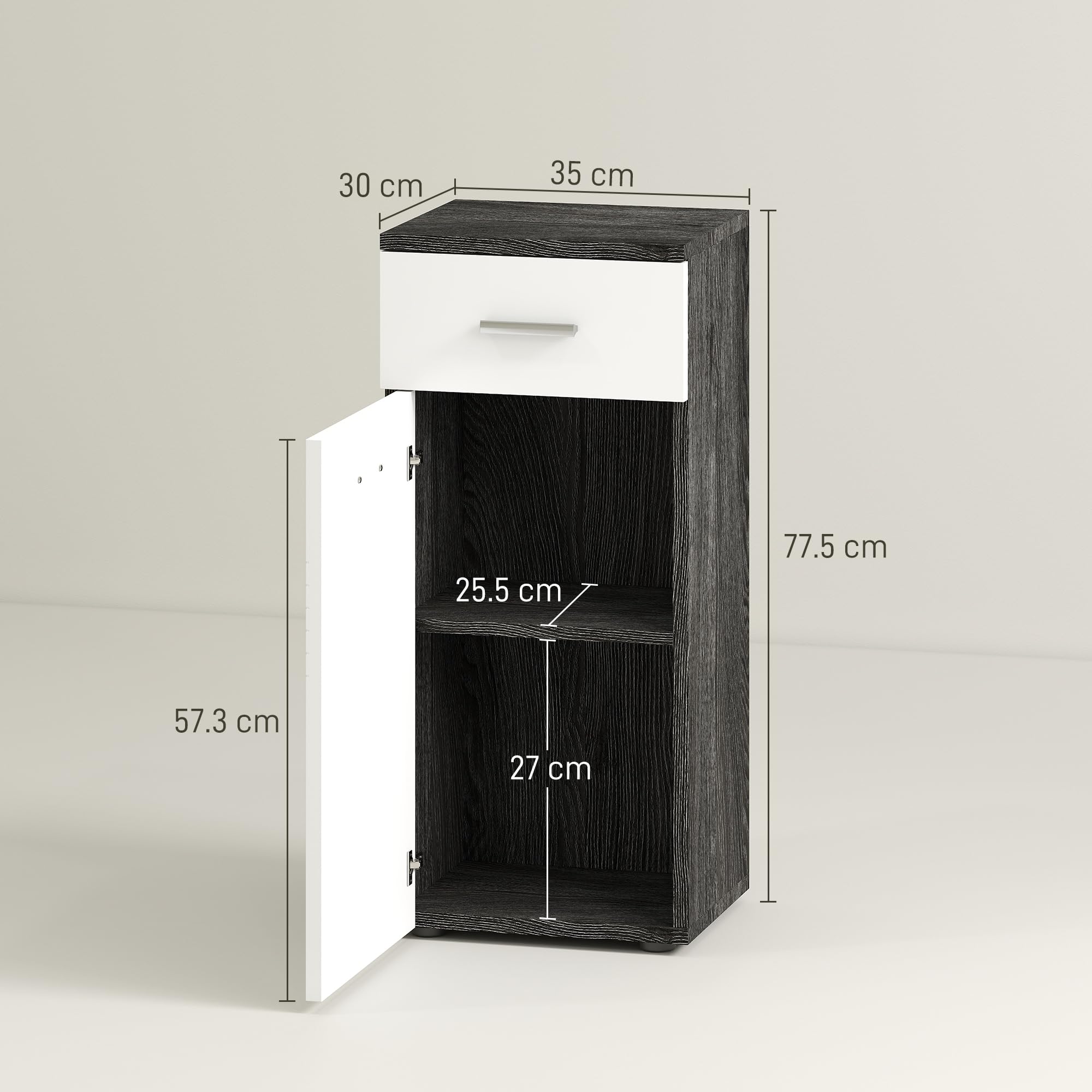 kleankin Mobile Bagno con Cassetto e Armadietto a un'Anta, Mobiletto da Bagno Salvaspazio in Legno, Armadietto per Sala da Pranzo, Salotto, Soggiorno, Cucina, 35x30x77.5 cm, Bianco e Nero