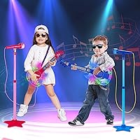Vista 6 de Juego de guitarra y micrófono para niñas, máquina de karaoke con música y luz, juguetes de micrófono con soporte, juguetes de guitarra de altura