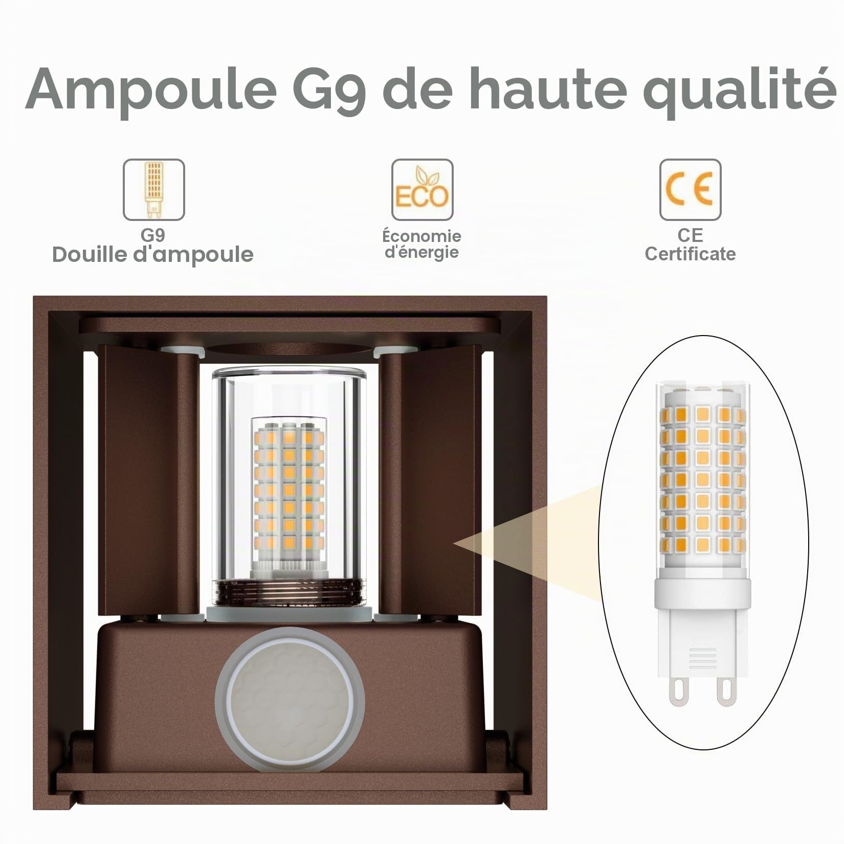 Klighten 2PCS Applique Murale Extérieur avec Détecteur de Mouvement IP54 Éclairage Mural Intérieur avec Angle de Faisceau Réglable, avec Ampoule LED G9 Remplaçable Lampe, Blanc Chaud 3000K, Bronze