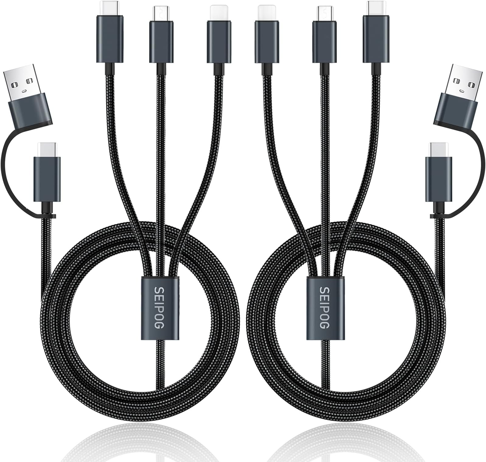 SEIPOG Multi Charging Cable 5 in 1, 2PCS 4FT USB C/A Multi Charger Cable to Type-C/Micro USB Port, Nylon Braided USB C Multiple Charger Cable, Universal Phone Charger Cord for Cell Phones and More