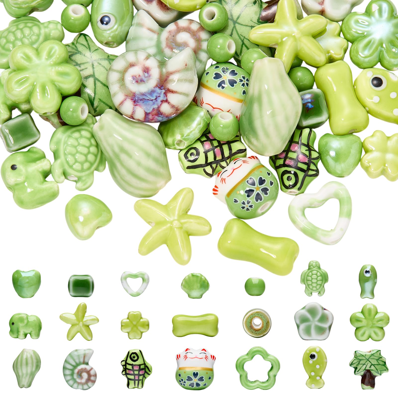 WEWAYSMILE Green Ceramic Porcelain Beads for Jewellery Making, 50 Pcs