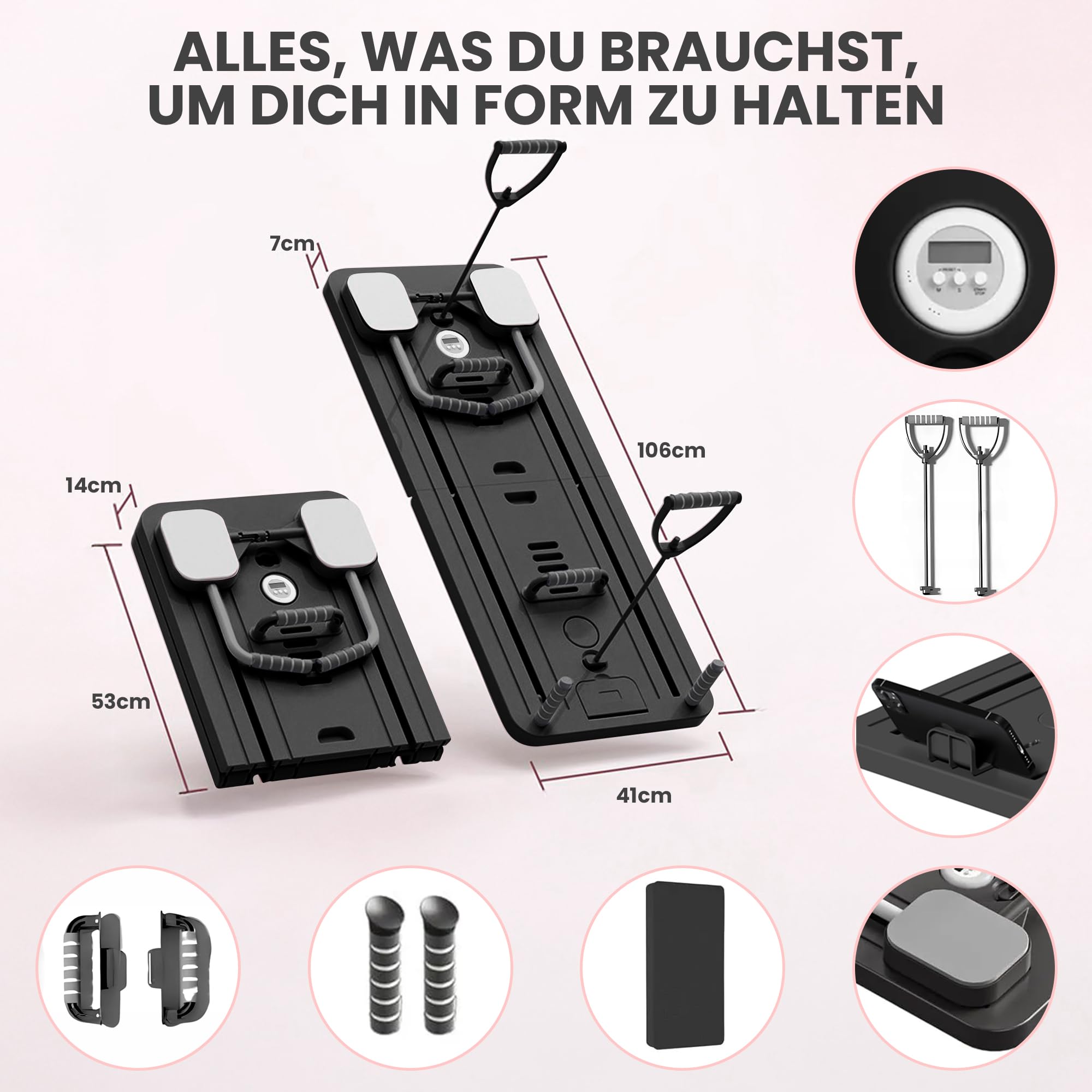 Extralink Pilates Board – Klappbarer Pilates Reformer für Zuhause, Multifunktional, Bauchtrainer mit Widerstandsbändern, Automatischer Rückprall, LCD Timer & Handyhalterung, Kompakt & Stabil