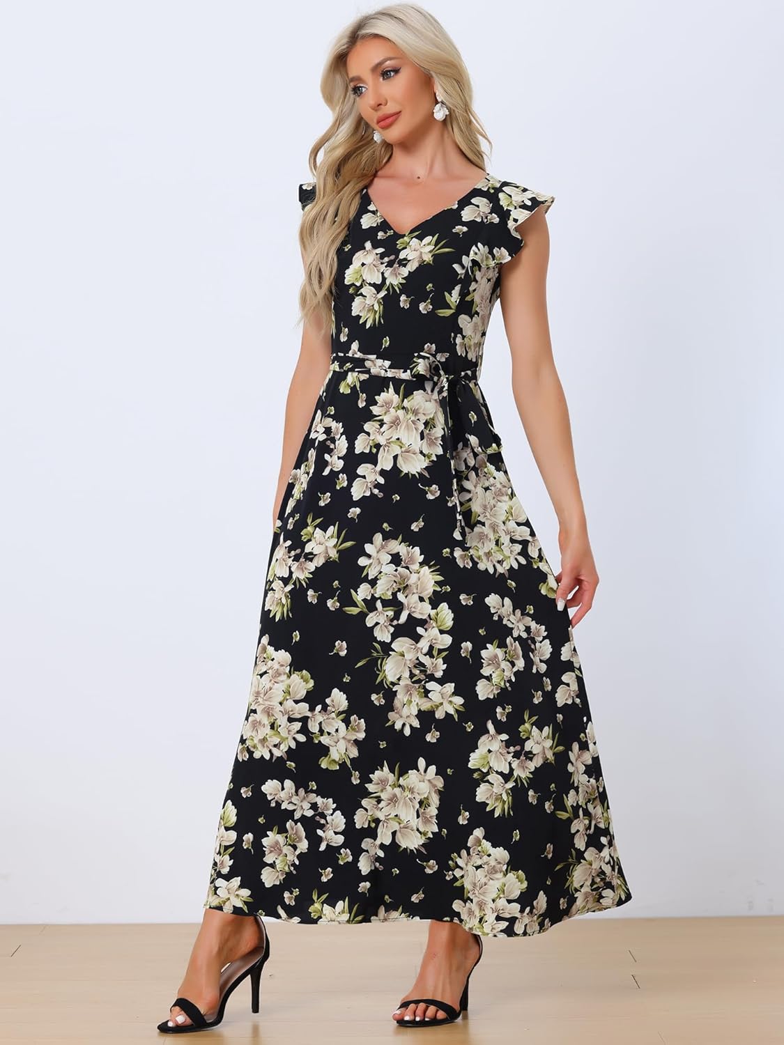 Allegra K Maxi Dresses for Women's Summer Belted Ruffle Slevee Floral Dress - Image 4