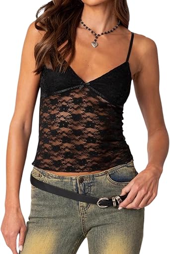 Naileksi Women Sheer Lace Crop Cami Top Spaghetti Strap See Through Tank Top Sleeveless E-Girls Y2k Going Out Crop Top