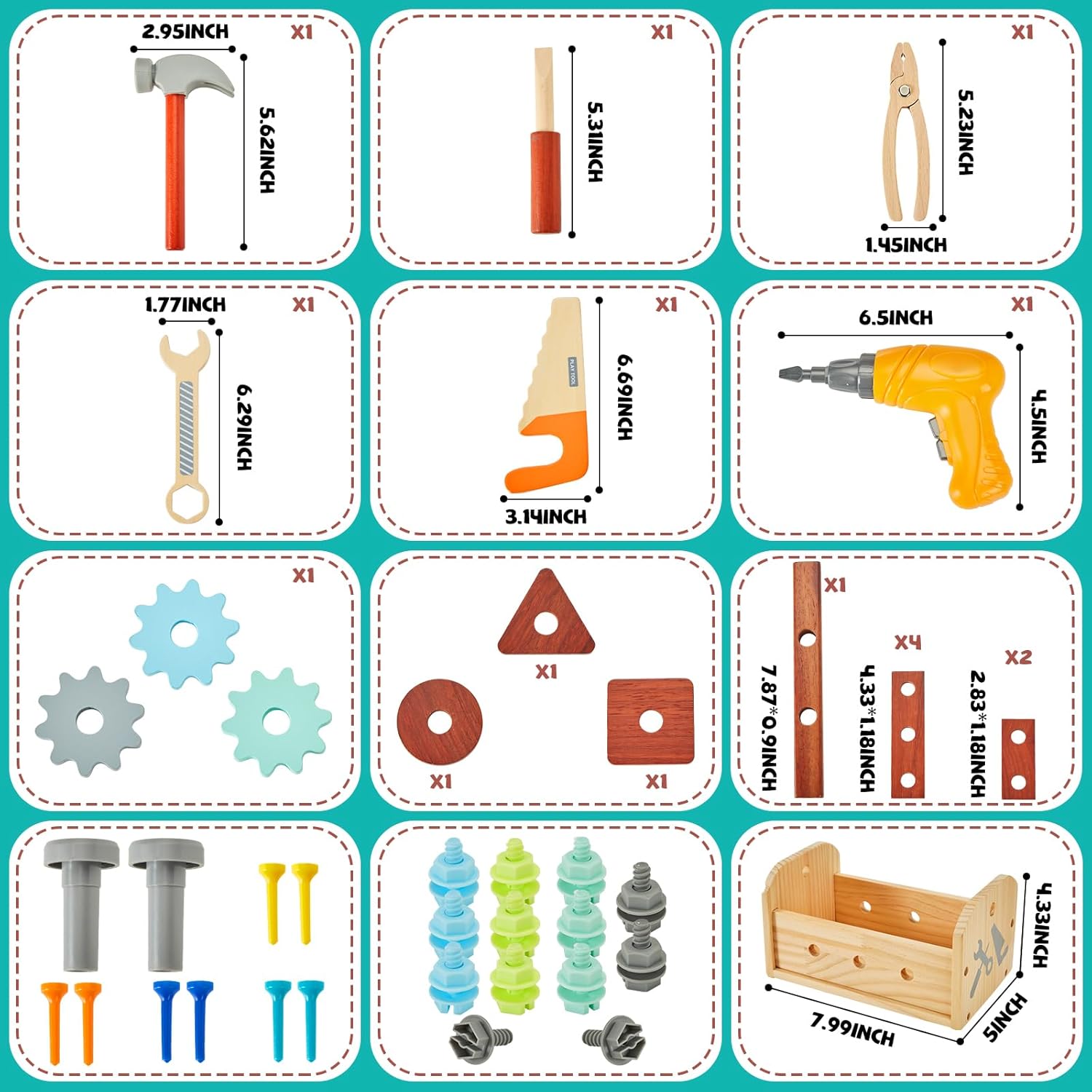 Kids Tool Set - 54 PCS Wooden Toddler Tool with Wooden Box, Educational Pretend Play Construction Toy for 2 3 4 5 6 Year Old Boys Girls, Toddle Electronic Toy Drill Children Montessori STEM