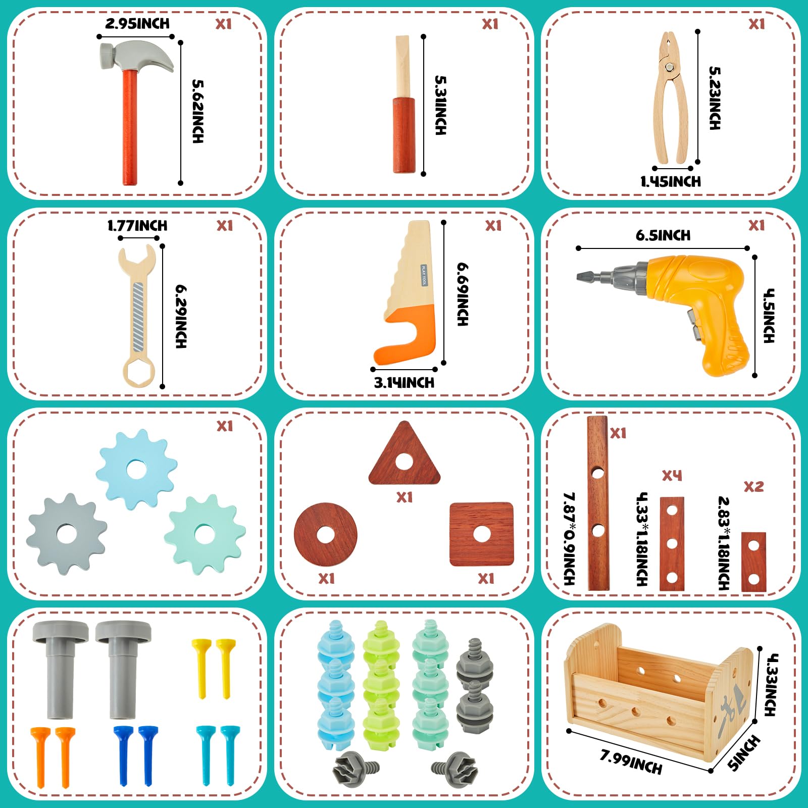 Juego de herramientas para niños – 54 piezas de herramientas de madera para niños pequeños con caja de madera, juguete educativo de construcción para niños de 2, 3, 4, 5, 6 años, taladro de juguete 7