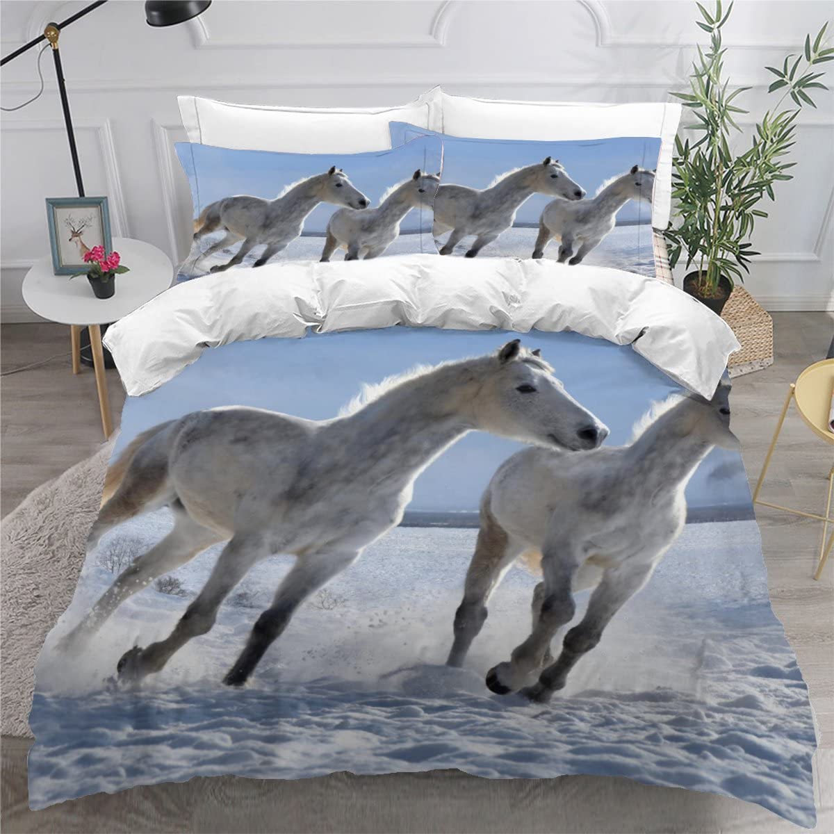 Housse de couette cheval 200x200 cm avec 2 taies d'oreiller lit 1 personne en microfibre