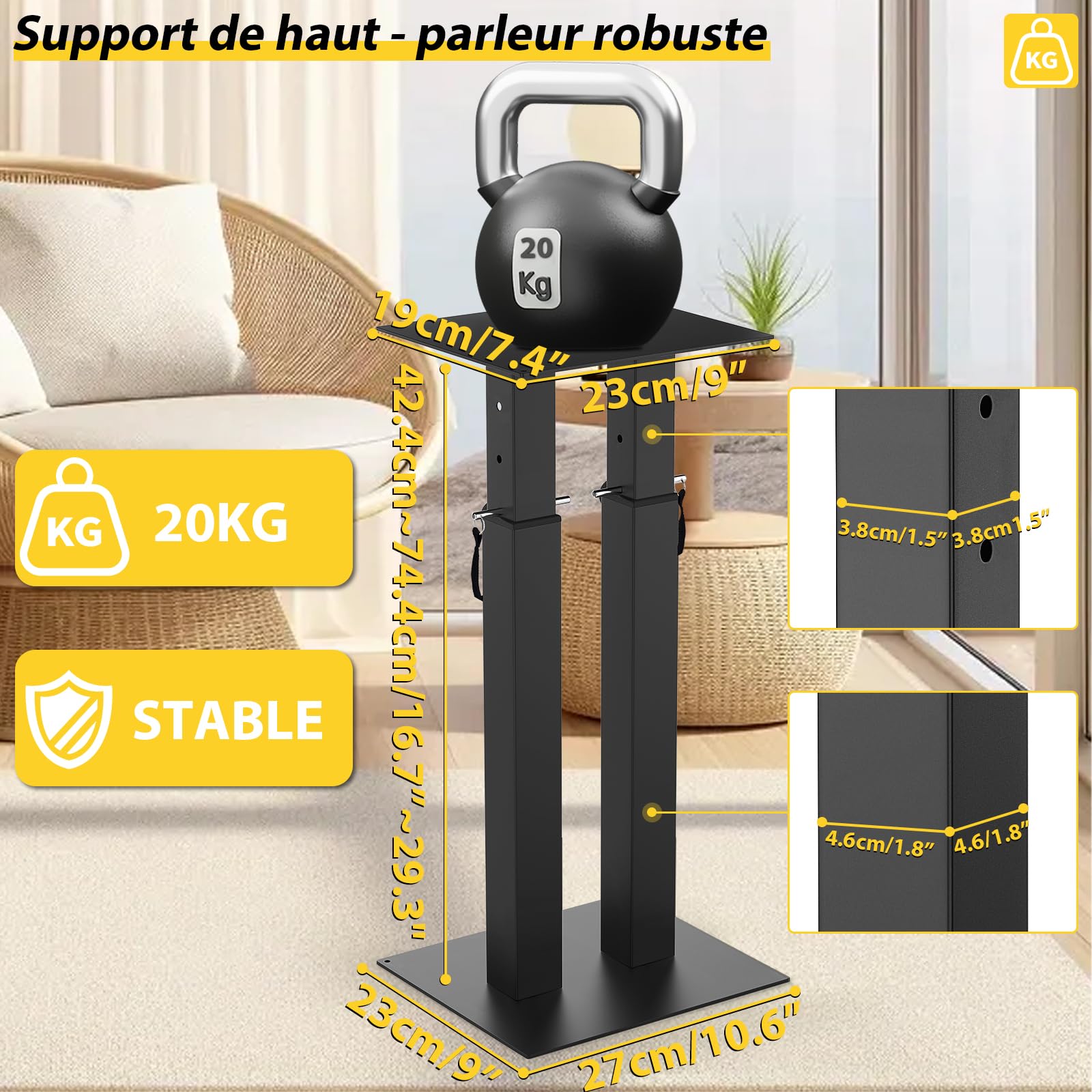 OUUTMEE Supports d'Enceinte Réglable en Hauteur, Lot de 2 Pieds d'Enceintes Universel avec Gestion des Câbles pour Enceintes Satellites Jusqu'à 20KG (Noir)