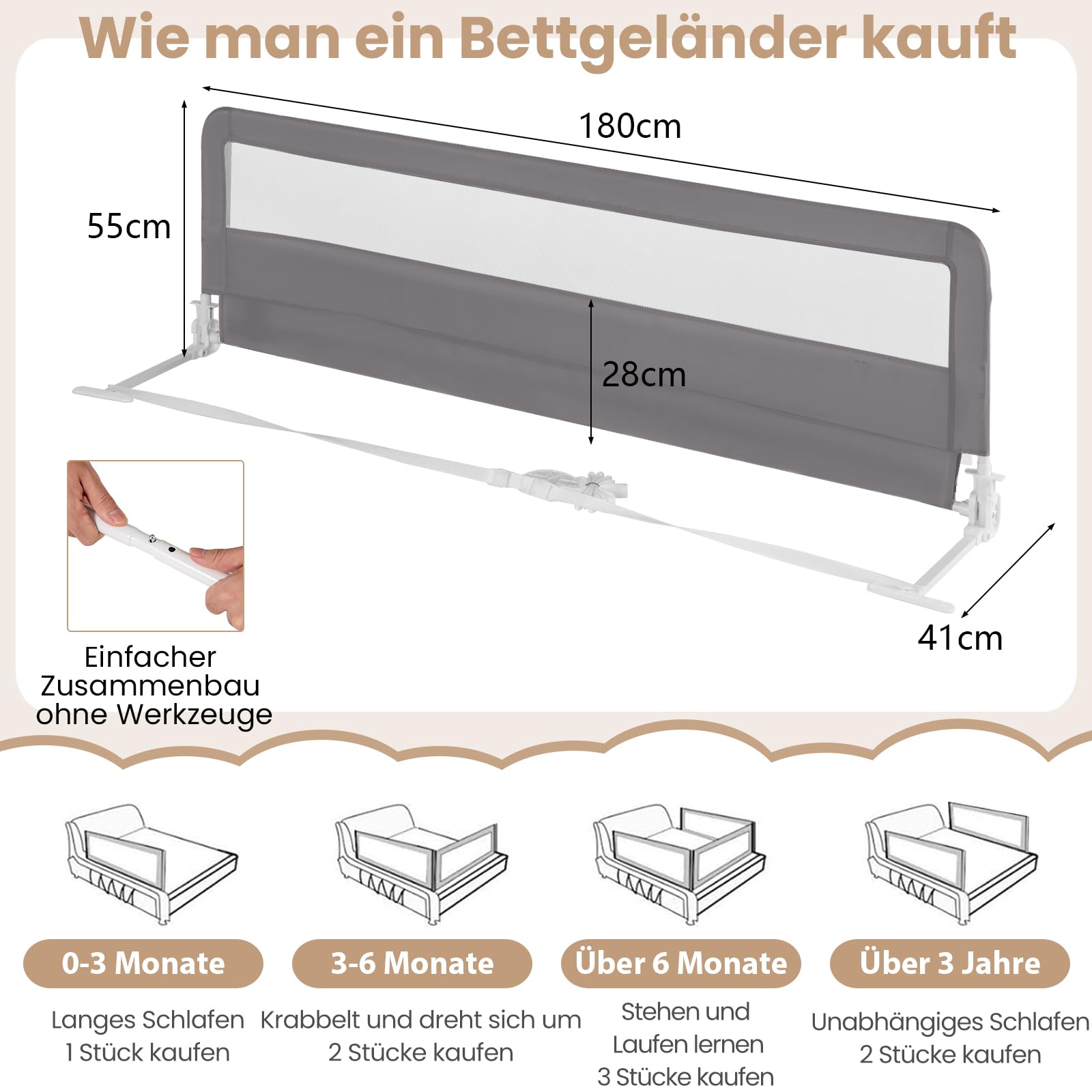 GOPLUS Bettgitter klappbar, Kinderbettgitter mit Sicherheitsgurten, atmungsaktives Gewebe, für Zwillings-, Einzel-, Doppel-, Voll-, Queen- und King-Size-Matratzen, 180 cm x 56 cm (Grau)