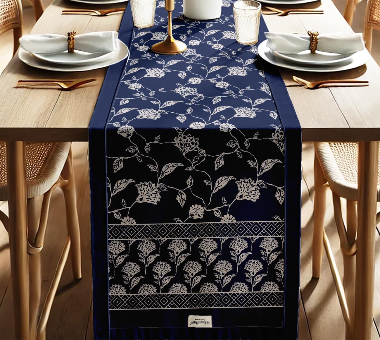 100% Cotton Table Runner - Double Layered with Side Borders - Table Linen - Leaves Print for Dining, Console & Coffee Tables