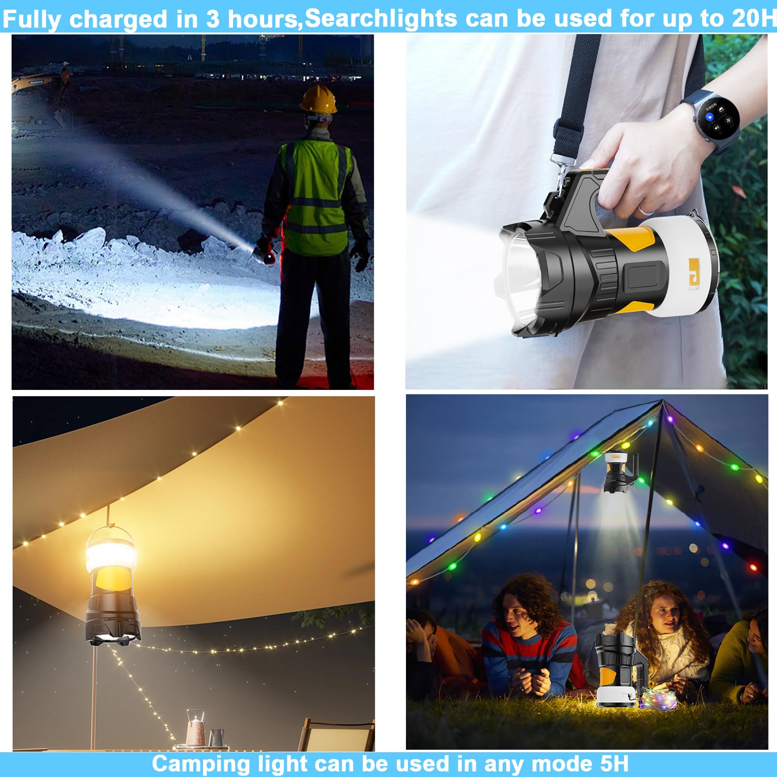 Luz de Búsqueda de Camping Recargable Linterna LED 2 en 1 para Emergencias (1000 lm), Capacidad de 2400 mAh, Batería de Iones de Litio, Patio y al Aire Libre, Camping, Senderismo y Cortes de