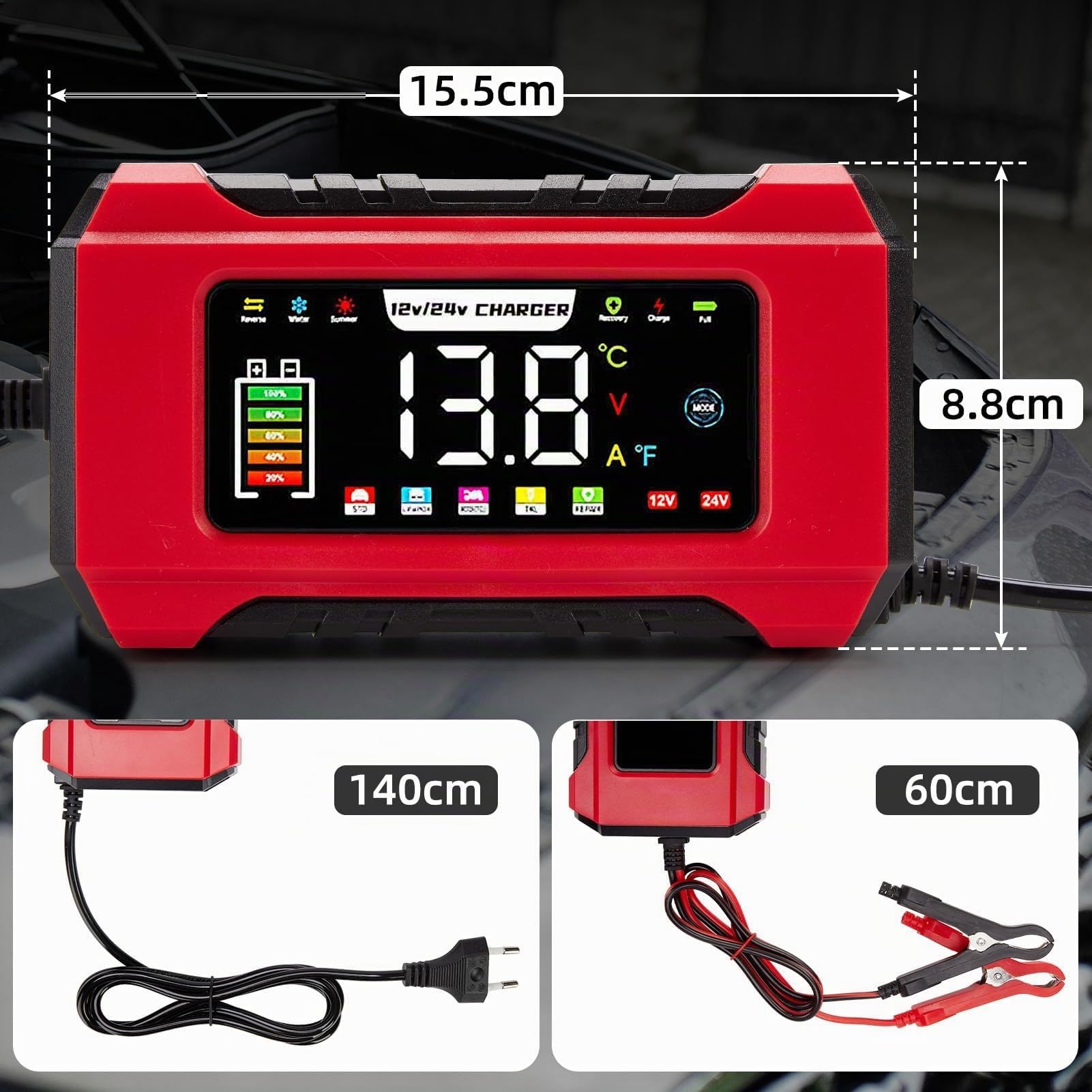 HAUSPROFI 15A Cargador de batería de coche 12V/24V con modo de reparación y carga de mantenimiento, carga de 9 etapas, pantalla LCD para coche, camión, motocicleta, barco - Compatible con baterías de