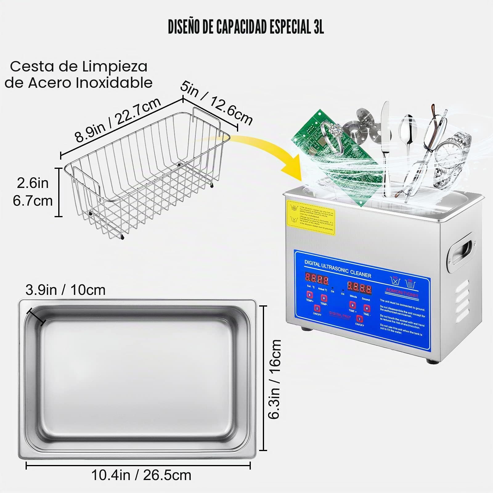 Limpiador ultrasónico 3L, Limpiador Ultrasonidos Profesional, Máquina de Ultrasonido con Temporizador Digital, Temperatura Ajustable, para Limpieza de Joyas, Relojes, Laboratorio