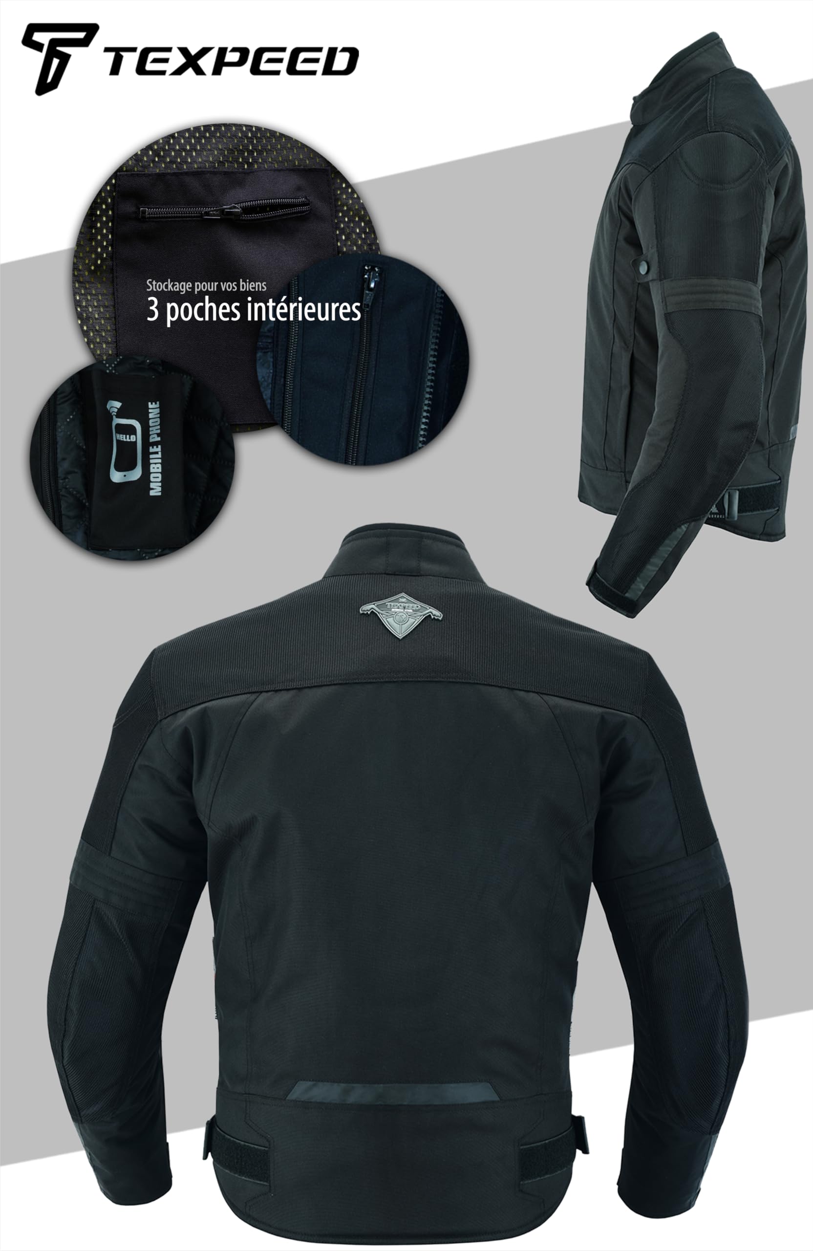 Texpeed veste textile homme homologué avec protection - Cordura Été/hiver blouson scooter motard imperméable avec armure CE (EN 1621-1) - Noir - L