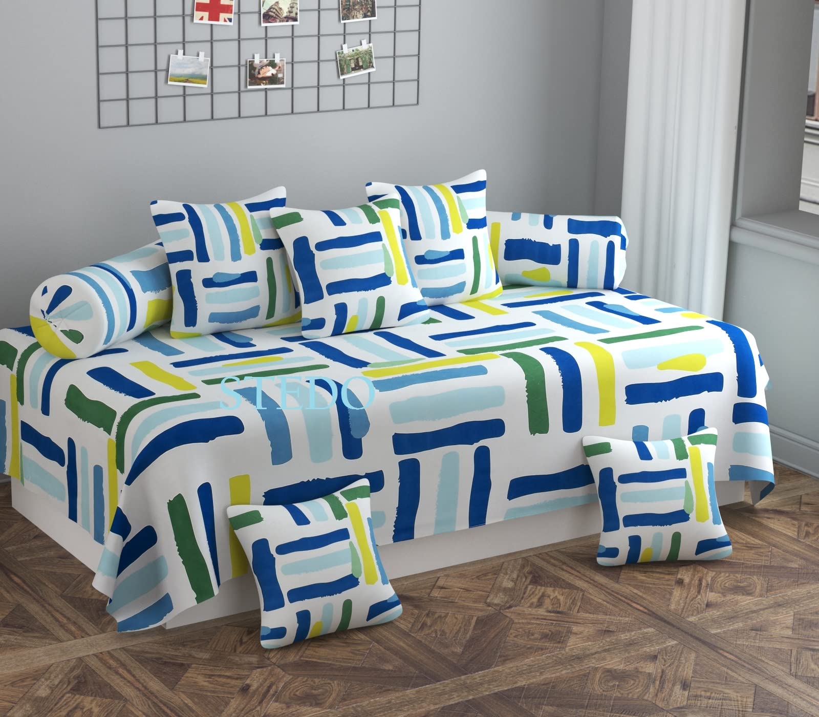 STEDO Homes Pure Glace Soft Comfortable Cotton Designer Printed Standard 8 Pieces Diwan Set Bedsheet Covers (1 Bedsheet, 2 Bolster Covers, 5 Cushion Covers, White & Blue Multicolor)-image-37