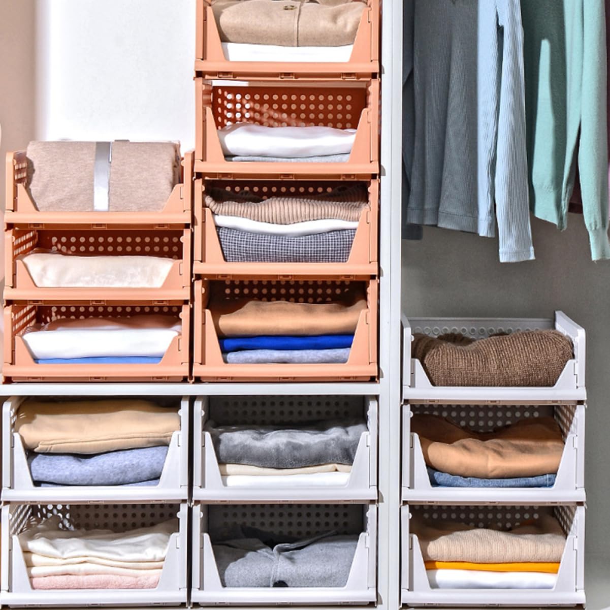 Este Paquete de 2 Cajas de Almacenamiento de plástico apilables - cajones Plegables para Ropa y Accesorios - soluciones para Ahorrar Espacio en armarios y organización del hogar
