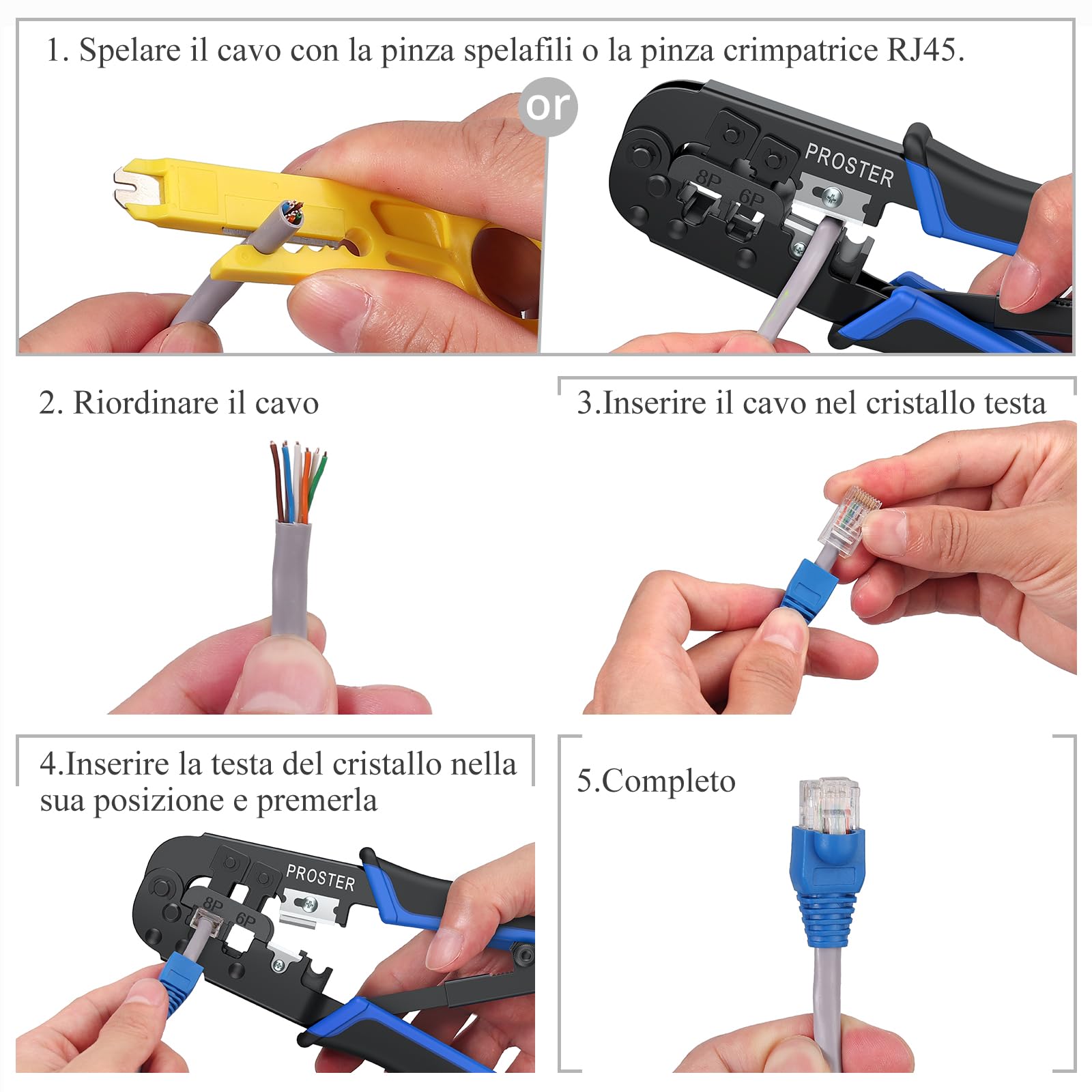 Proster Strumento di Crimpatura RJ45 Cat5 Pinza Crimpatrice per Cavi e Rete Cat5e RJ-11 6P/RJ-12 8P/RJ-45 con Connettori Coperture Fascetta in Nylon Spellafili Cavo Rete