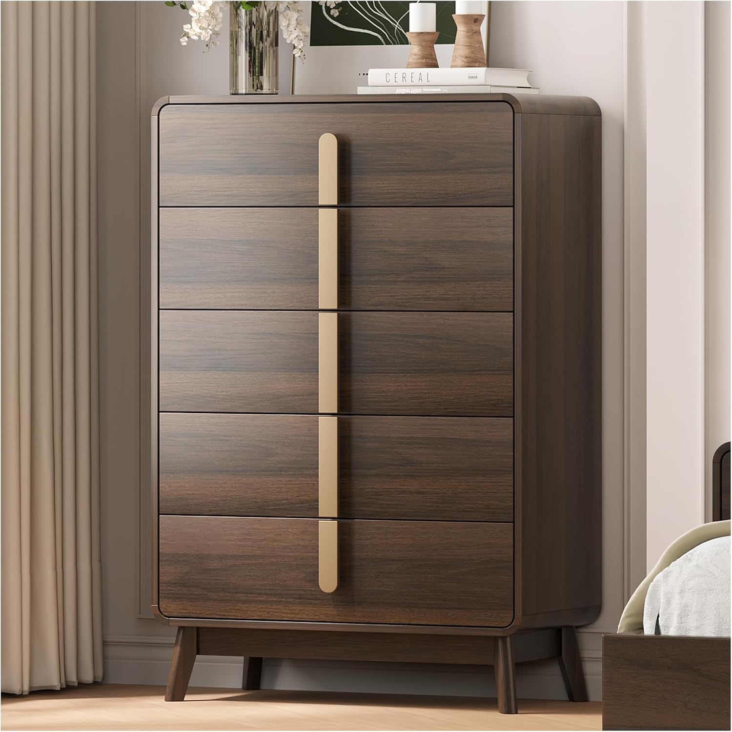Dresser for Bedroom with 5 Drawers,Mid Century Modern Dresser with Storage,31" Wide Modern Chest of Drawers with Metal Handles,Large Wood Drawer Organizer for Bedroom,Living Room,Walnut