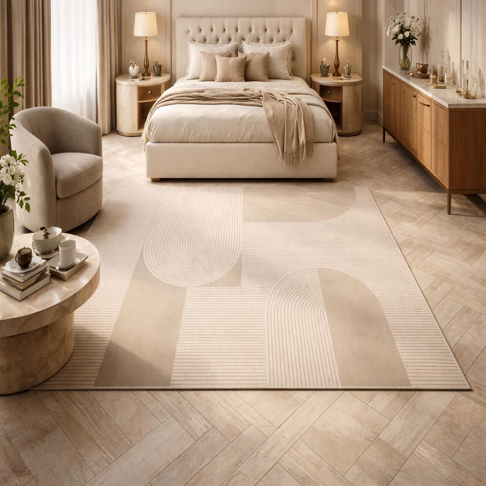 Tapis géométrique beige haut de gamme 140x160cm à poils ras Rururug