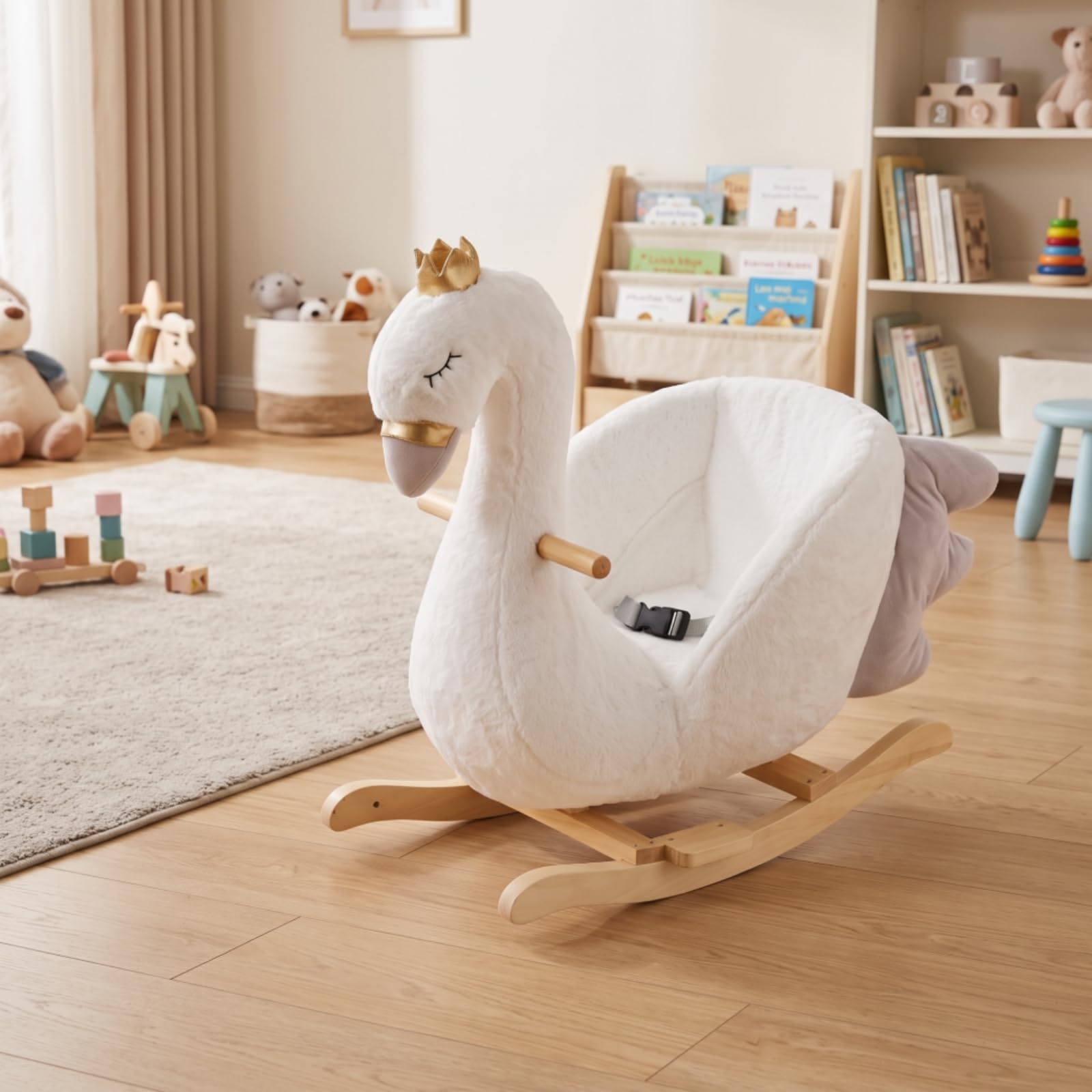MagiDeal Cavallo a Dondolo Bambini Cavalluccio Dondolante Giocattolo Cavalcabile Seduta Imbottita Stabile Base in Legno Braccioli in Legno Ruote Scorrevoli, 60 32 65cm, Cigno Piccolo