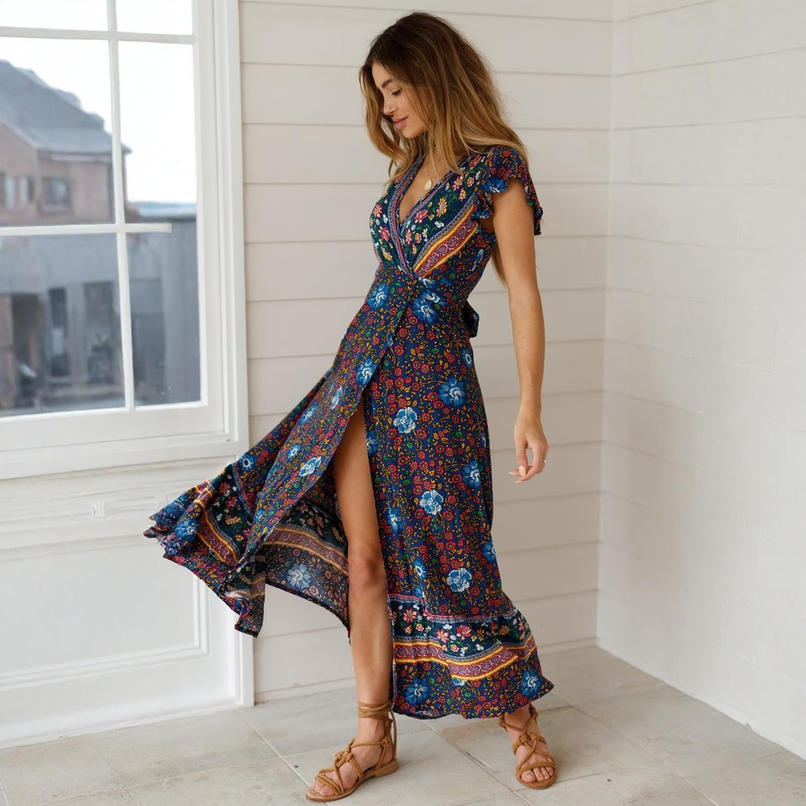 Générique Robe Ete Femme Robe Longue Boheme Portefeuille Chic Et Elegant A Col V Manches Courtes Fendue Fluide pour Plage Vacances Soiree Cocktail
