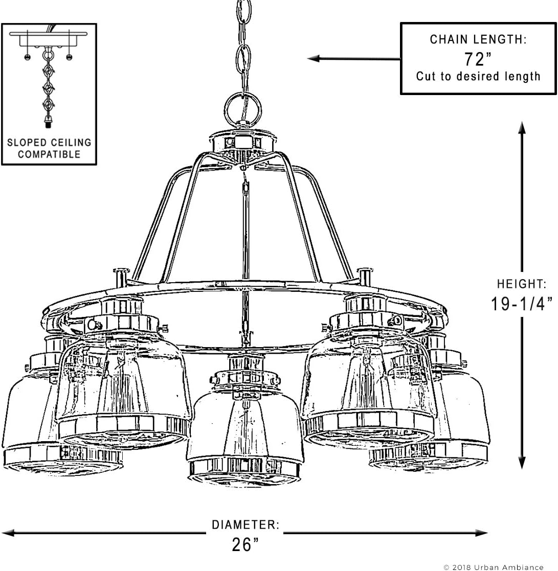 Urban Ambiance Luxury Industrial Chic Chandelier, Large Size: 19.25" H x 26" W, with Art Deco Style Elements, Olde Bronze Finish and Clear Shade, UHP2531, Nottingham Collection