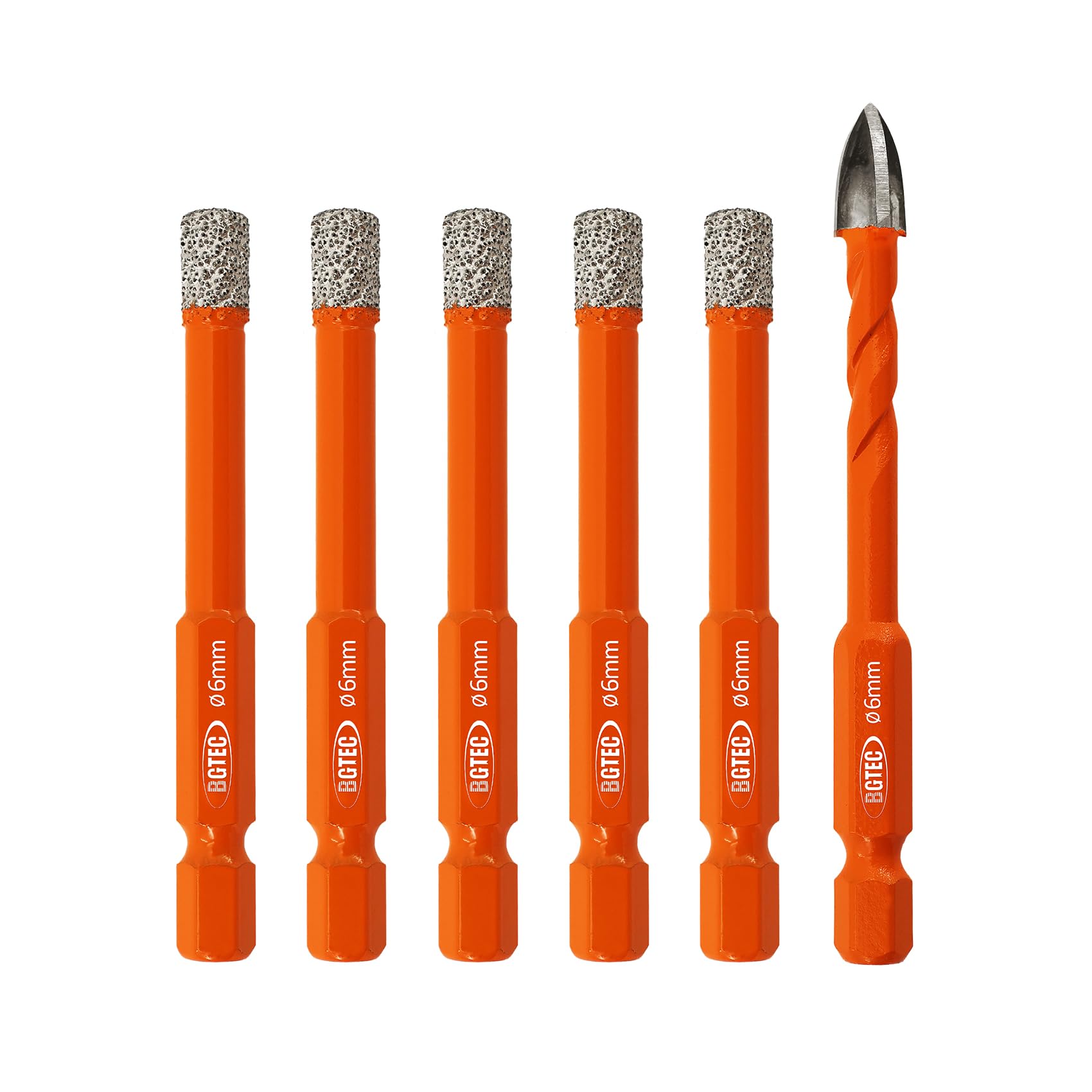 BGTEC Dry Diamond Drill Bits Set - Tile Drill Bit 6/6/6/6/6mm with Quick Change Hex Shank and 6mm Carbide Drill for Granite Marble Porcelain Ceramic,6pcs — image 1